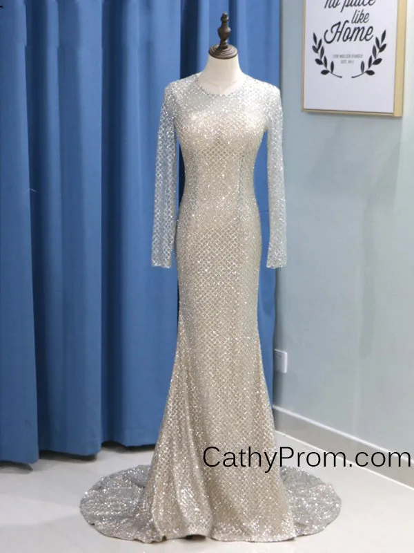 Long Sleeve Sequin Gold Sparkly Prom Dress  Mermaid Prom Dress Evening Gowns HSC5519