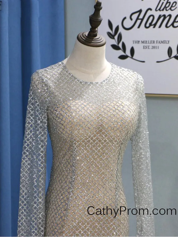Long Sleeve Sequin Gold Sparkly Prom Dress  Mermaid Prom Dress Evening Gowns HSC5519