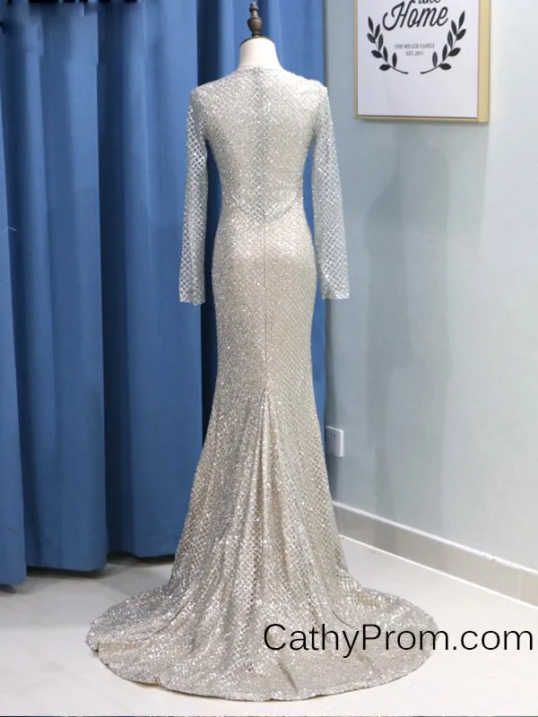 Long Sleeve Sequin Gold Sparkly Prom Dress  Mermaid Prom Dress Evening Gowns HSC5519