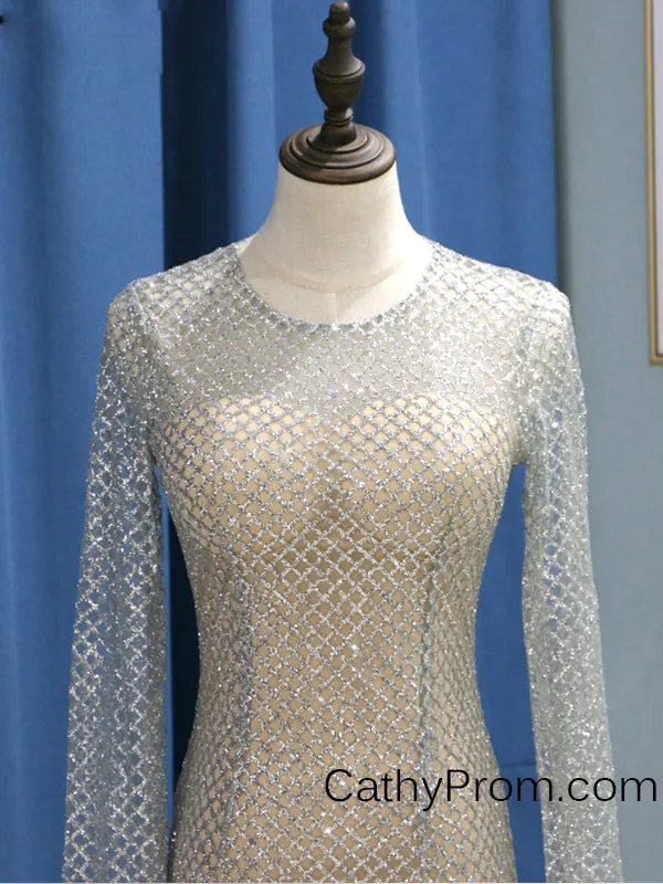 Long Sleeve Sequin Gold Sparkly Prom Dress  Mermaid Prom Dress Evening Gowns HSC5519