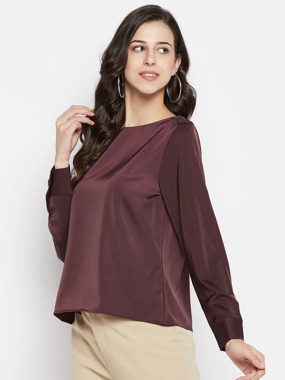 Madame Boat Neck Cuff Sleeve Solid Onion Top