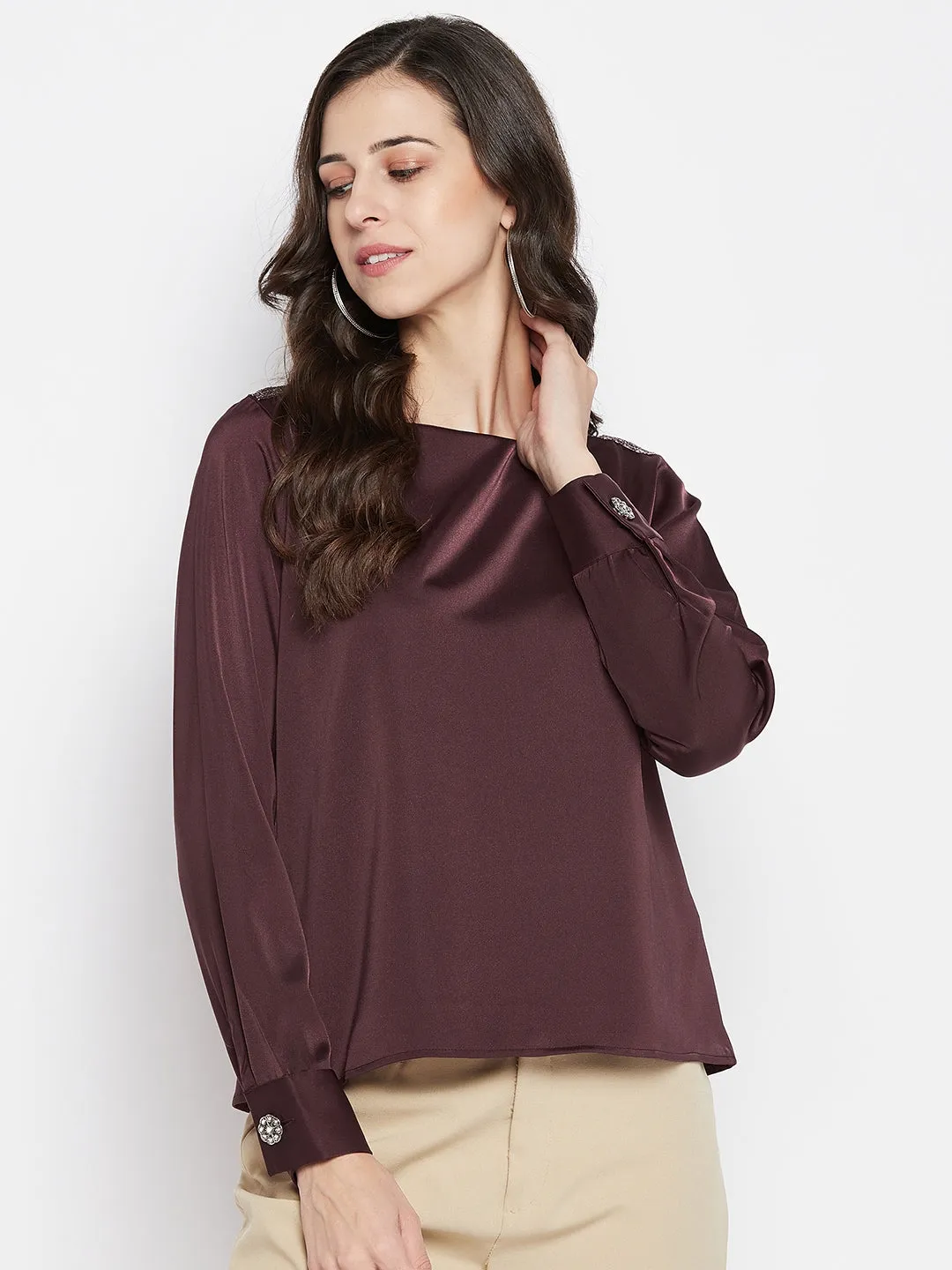 Madame Boat Neck Cuff Sleeve Solid Onion Top