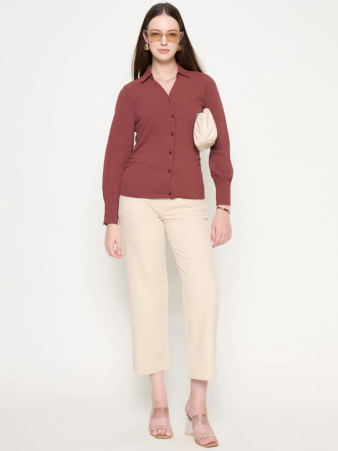 Madame Button Down Wing Necked Side Ruched Solid Brown Shirt