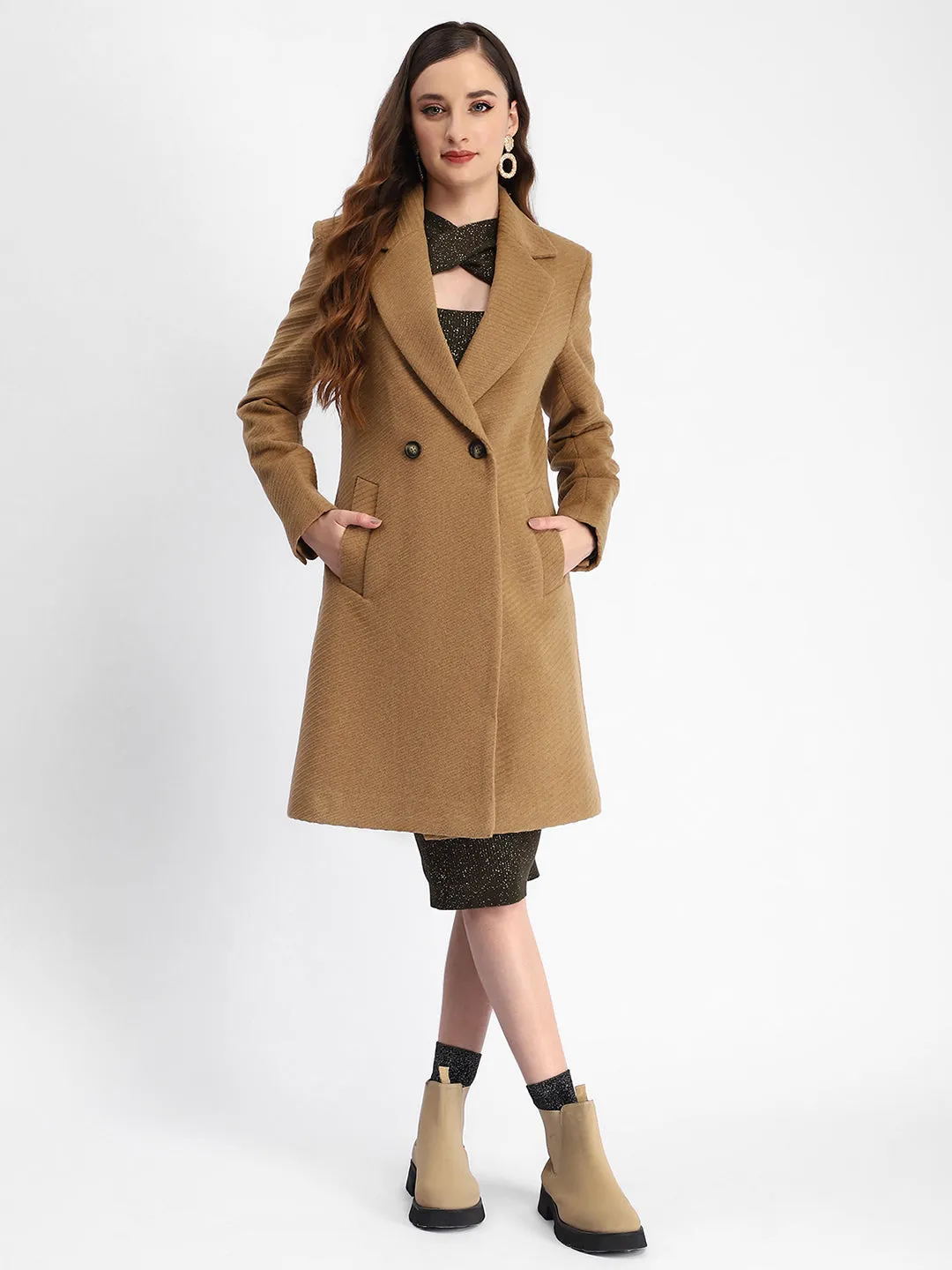 Madame Diagonal Double Breasted Brown Long Coat