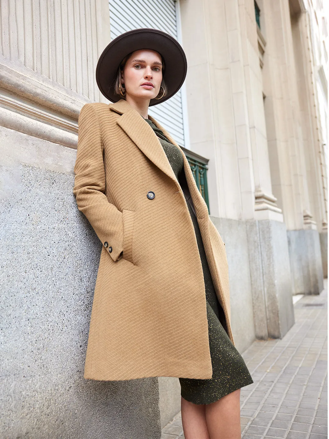 Madame Diagonal Double Breasted Brown Long Coat