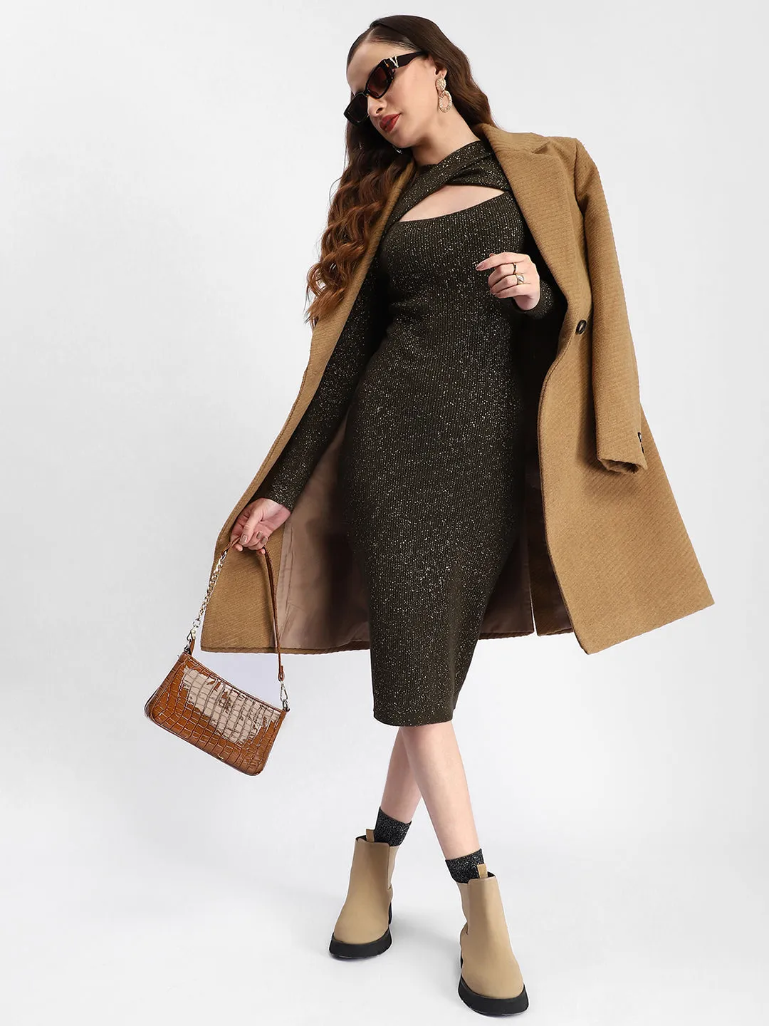 Madame Diagonal Double Breasted Brown Long Coat