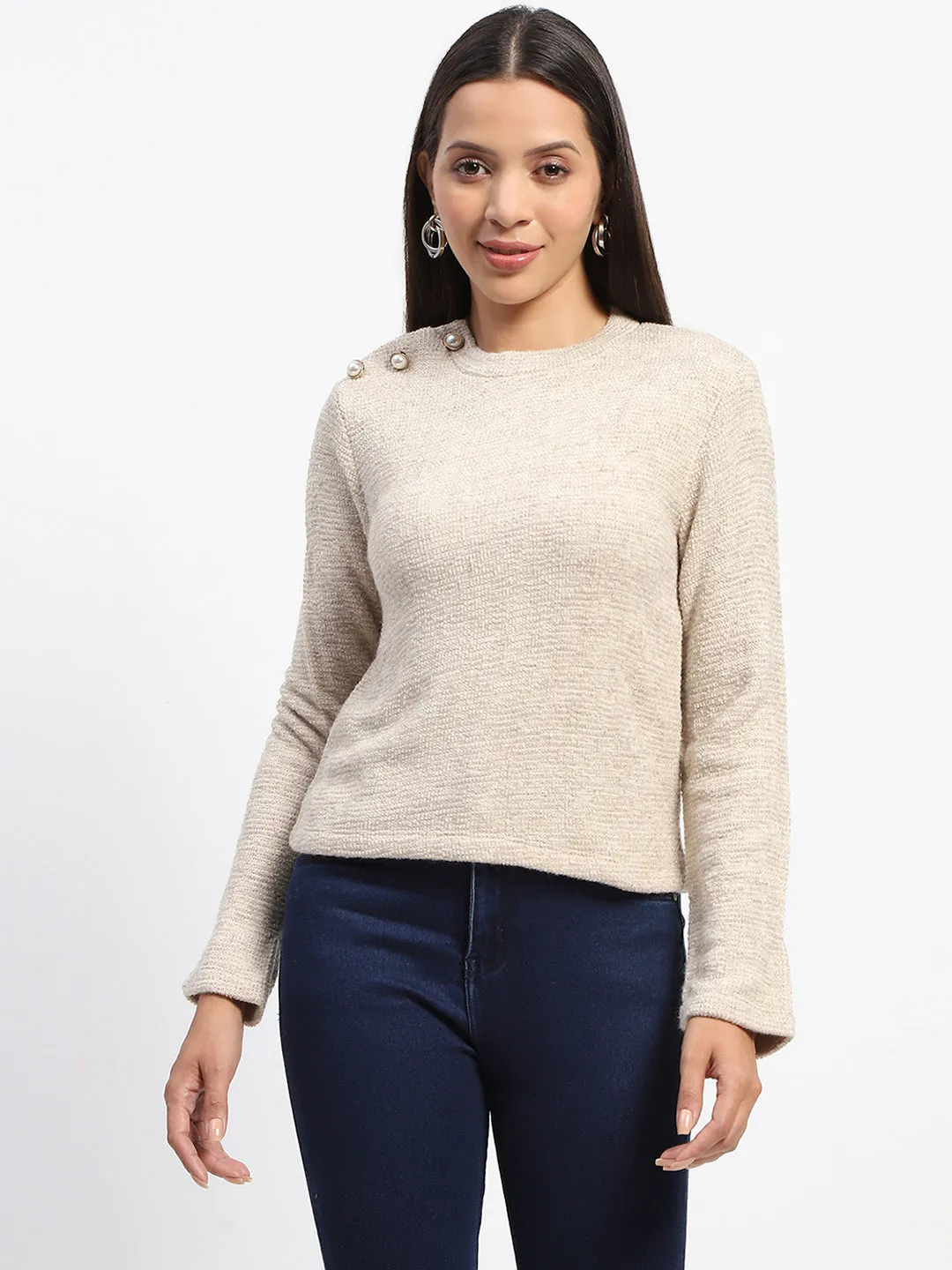 Madame Textured Button Detailed Full Sleeve Beige Top