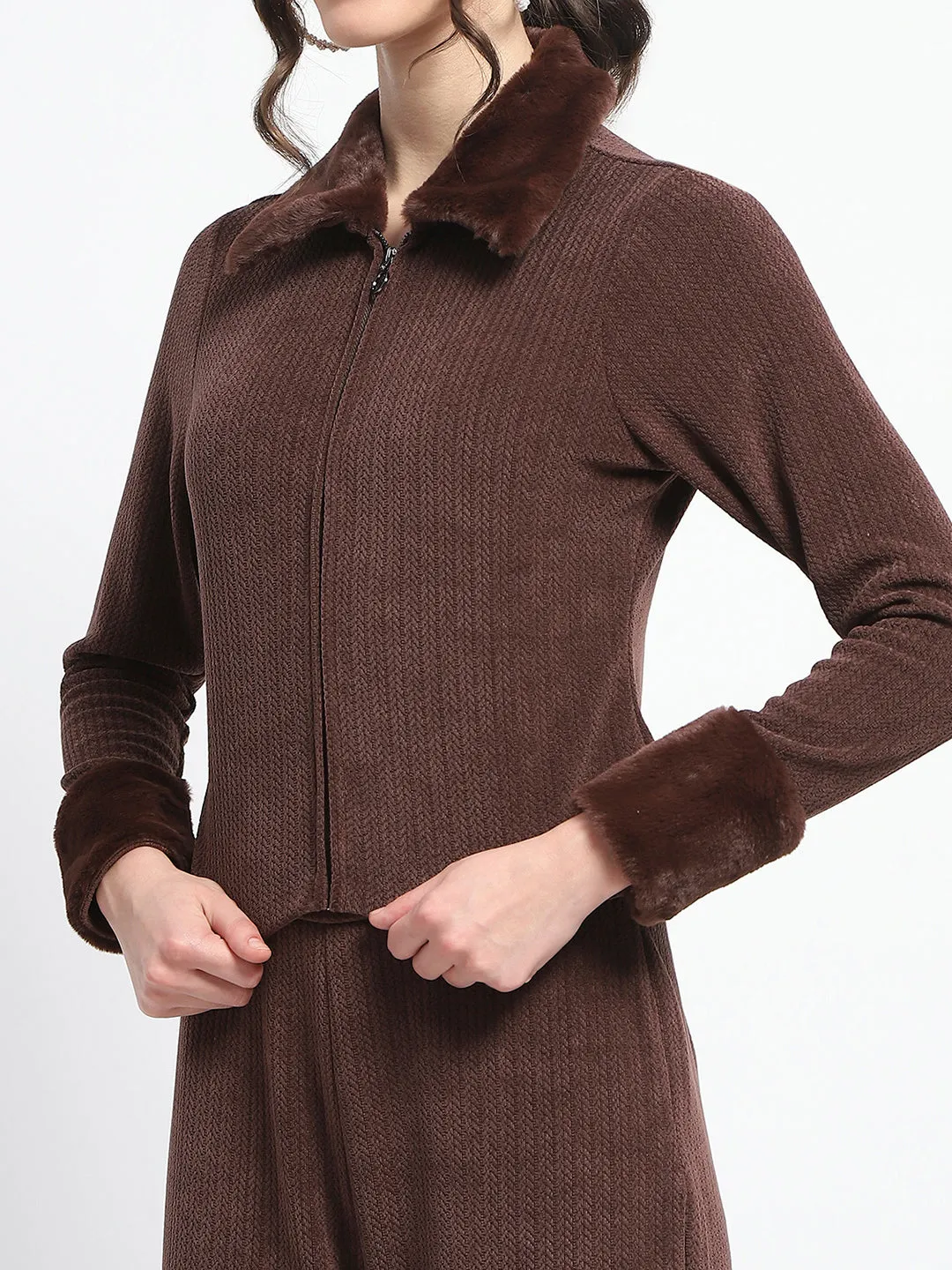 Madame Velvet Zip Top and Straight Bottoms Brown Coord Set