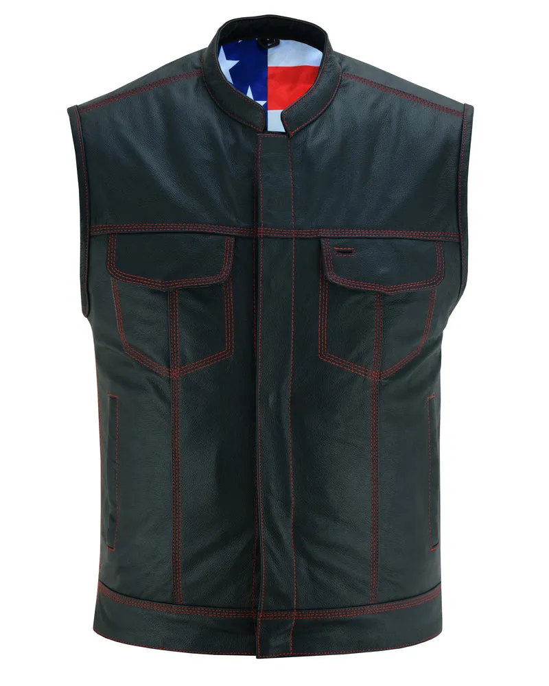 Men's LEATHER VEST WITH RED STITCHING AND USA INSIDE FLAG LINING