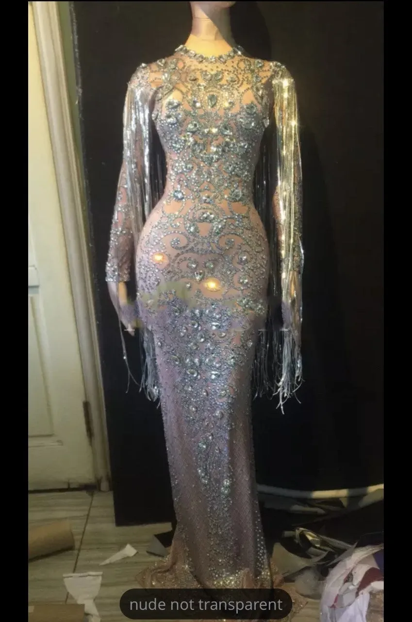 Mesh See Through Sparkly Crystals Long Dress
