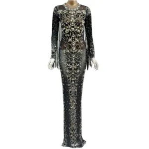 Mesh See Through Sparkly Crystals Long Dress