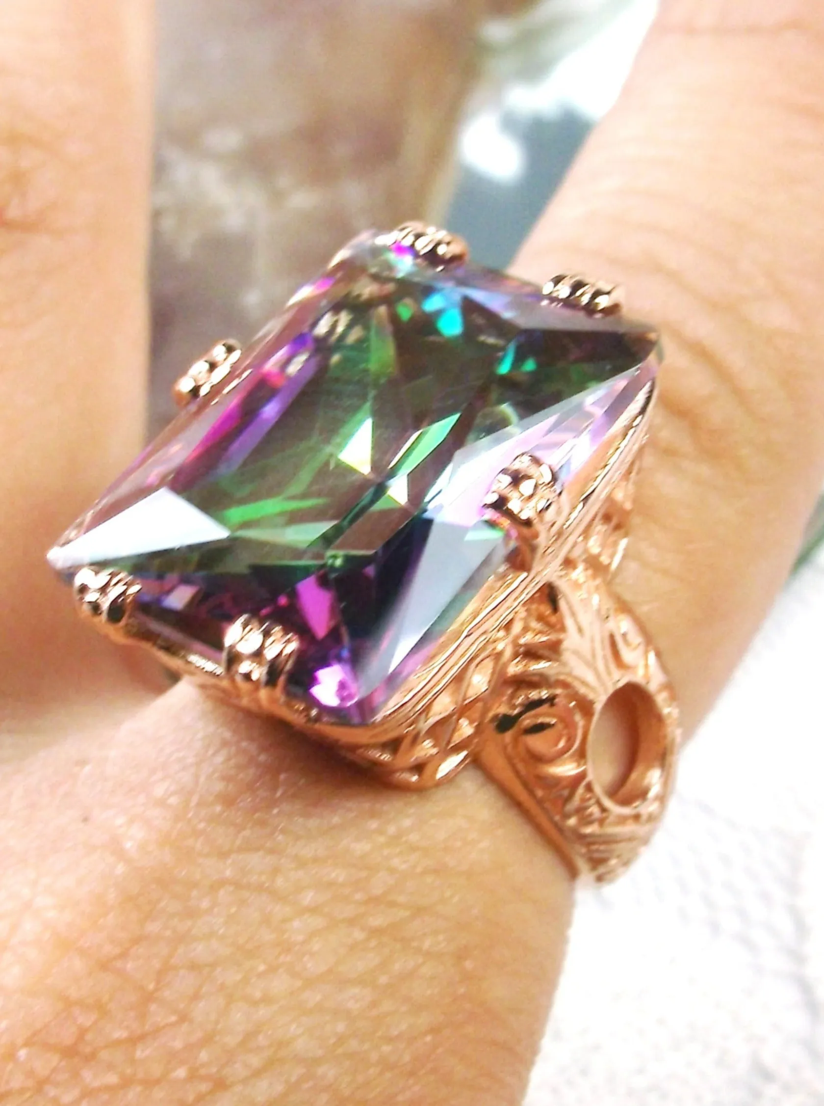 Mystic Topaz Ring, 6 Prong Rose Gold plated Ring, 30ct Gem, Vintage Jewelry #D104