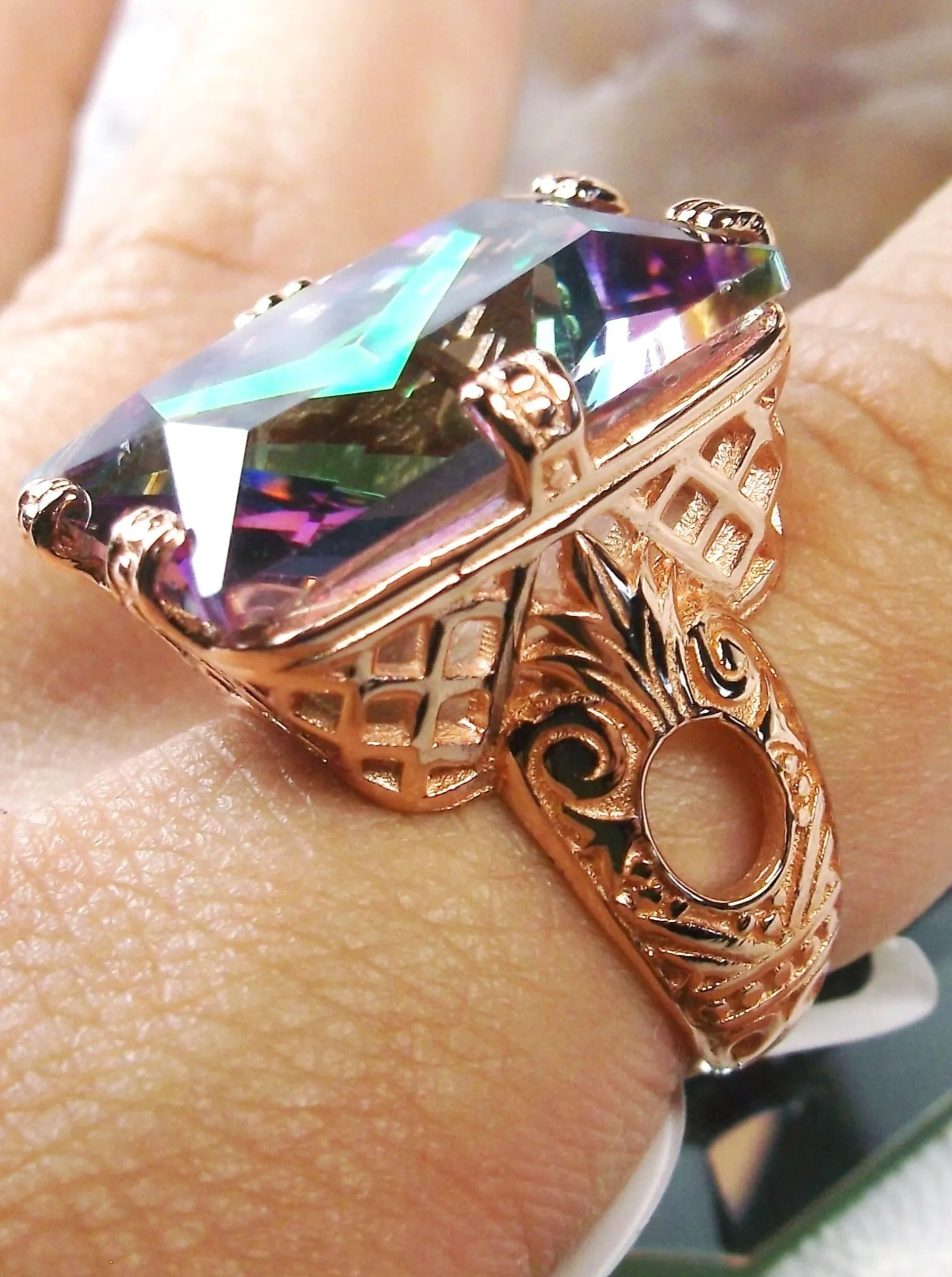 Mystic Topaz Ring, 6 Prong Rose Gold plated Ring, 30ct Gem, Vintage Jewelry #D104