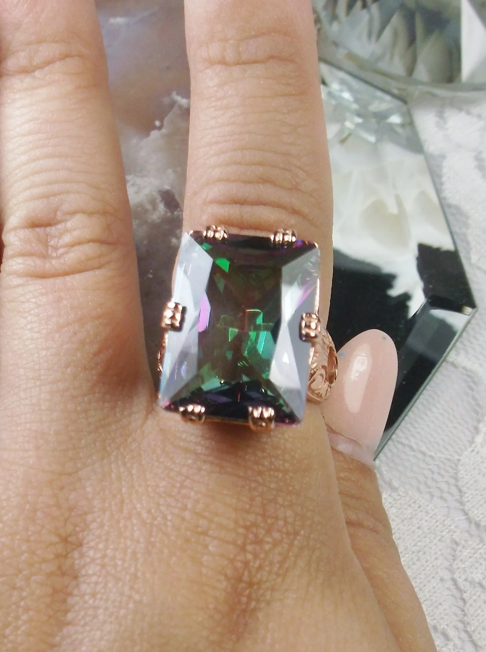 Mystic Topaz Ring, 6 Prong Rose Gold plated Ring, 30ct Gem, Vintage Jewelry #D104