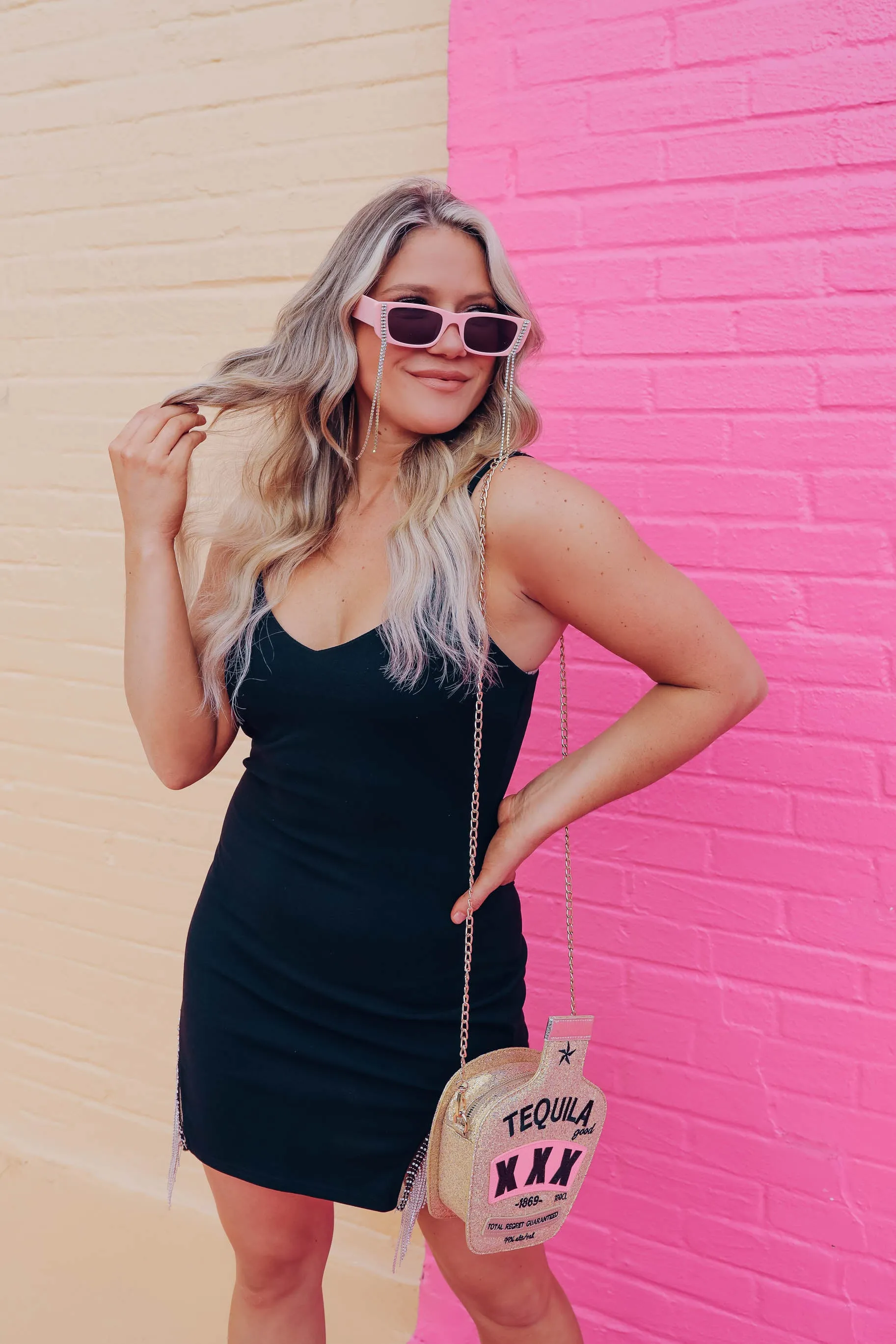 Okay By Me Rhinestone Tassel Dress - Black
