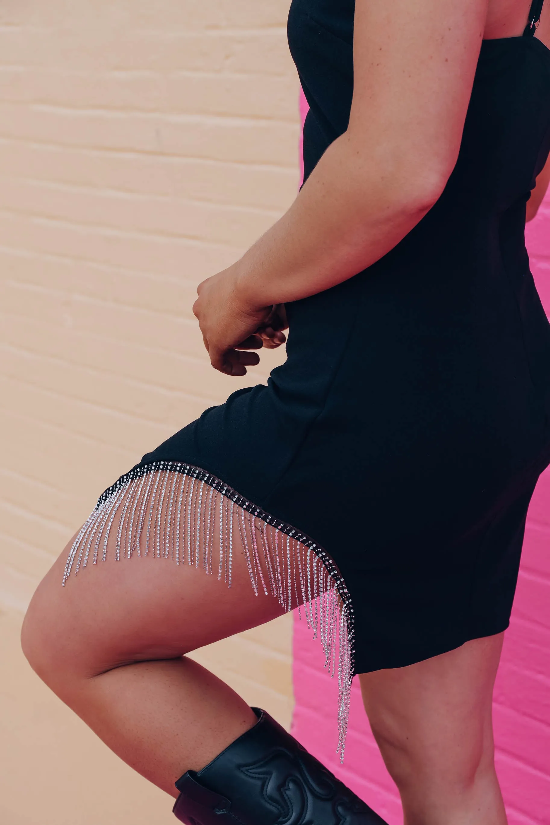 Okay By Me Rhinestone Tassel Dress - Black
