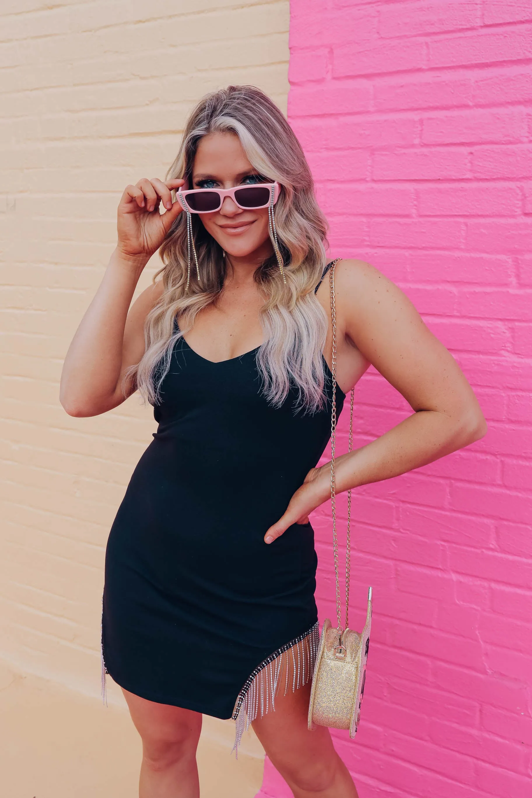 Okay By Me Rhinestone Tassel Dress - Black