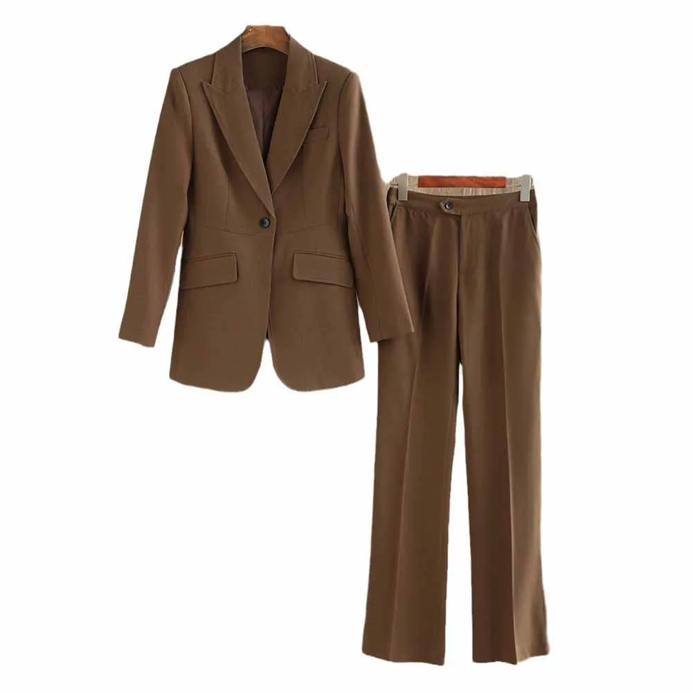 One Button Coffee Pantsuit Fitted Blazer   Mid-High Rise Trousers Pantsuit Suit Formal Wear