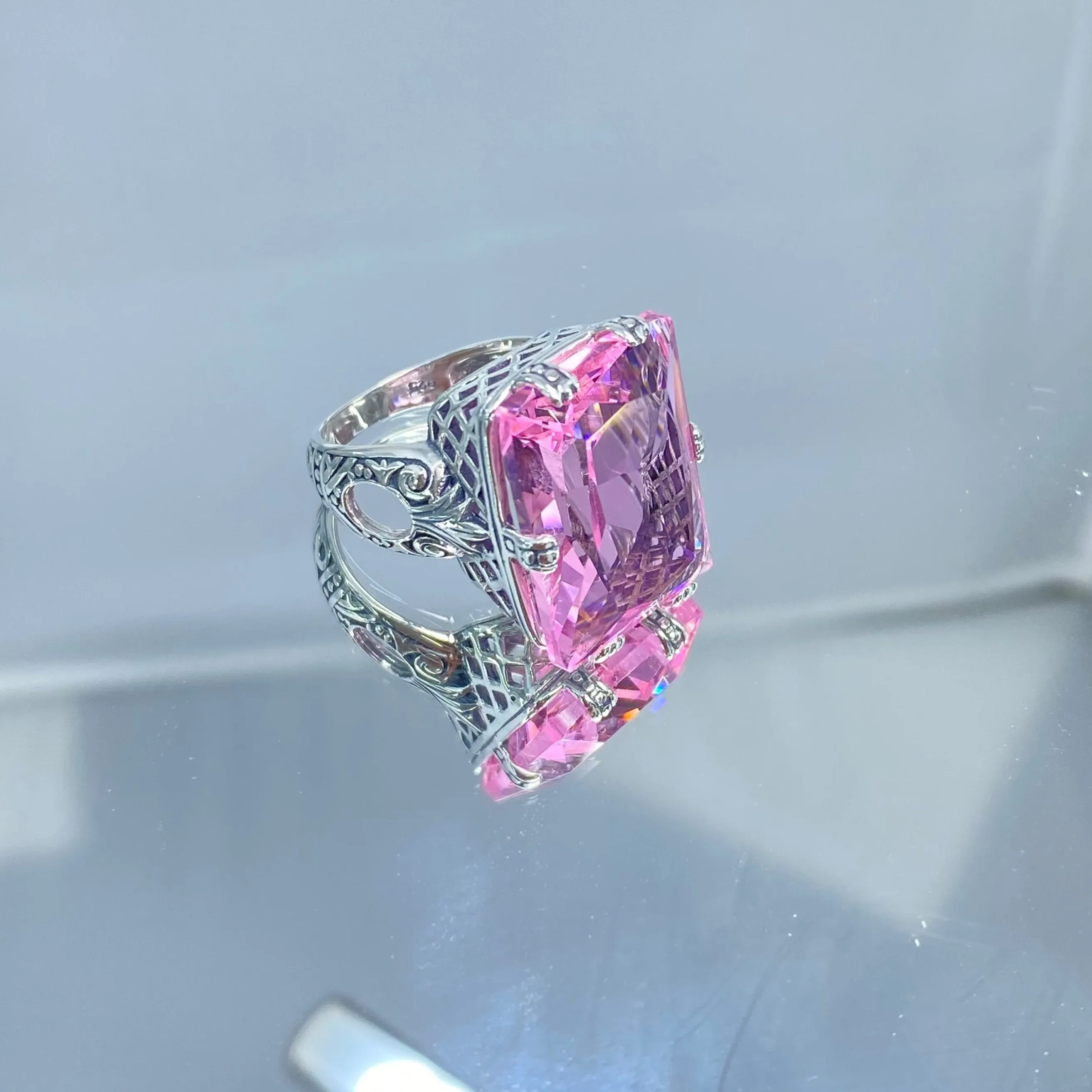 Pink Topaz Ring, Size 13, Six Prong Ring, 30ct Art Deco Ring, Vintage Jewelry #D104 - Ready to Ship