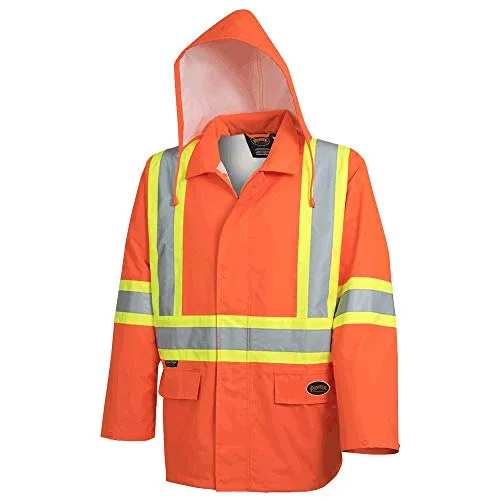 Pioneer V1081350 Hi-Viz Safety Rain Jacket, Tear and Abrasion Resistant, Orange