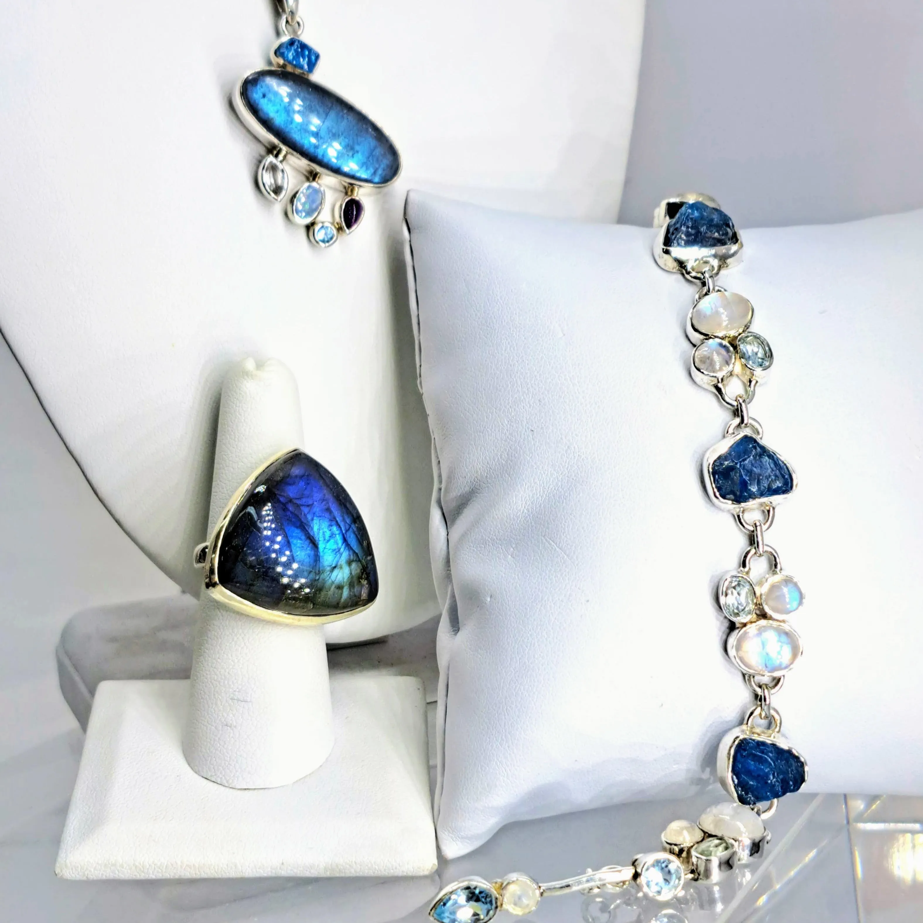 "Blue Moon Dance" 7" - 8" Bracelet - Apatite, Moonstone, Topaz, Sterling
