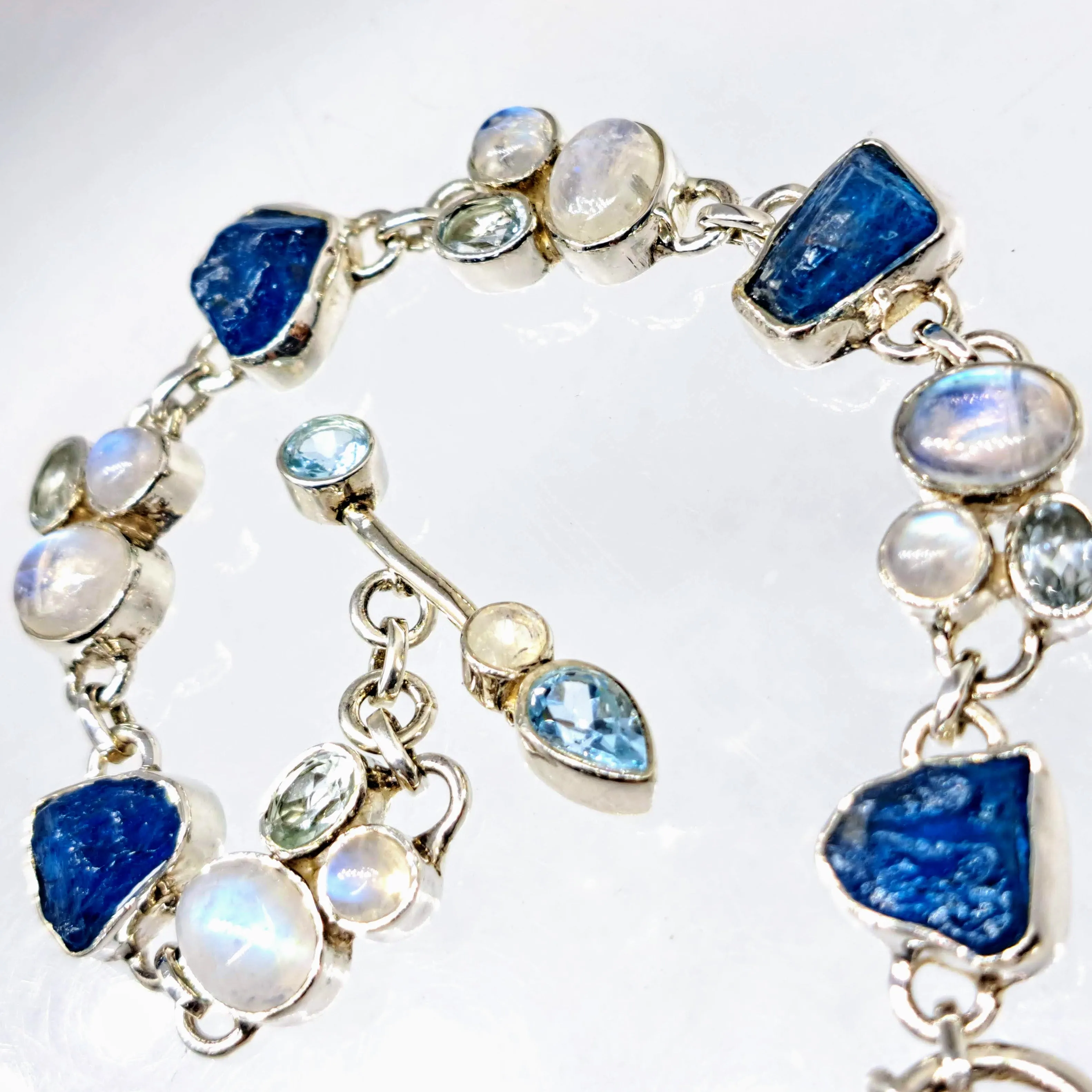 "Blue Moon Dance" 7" - 8" Bracelet - Apatite, Moonstone, Topaz, Sterling