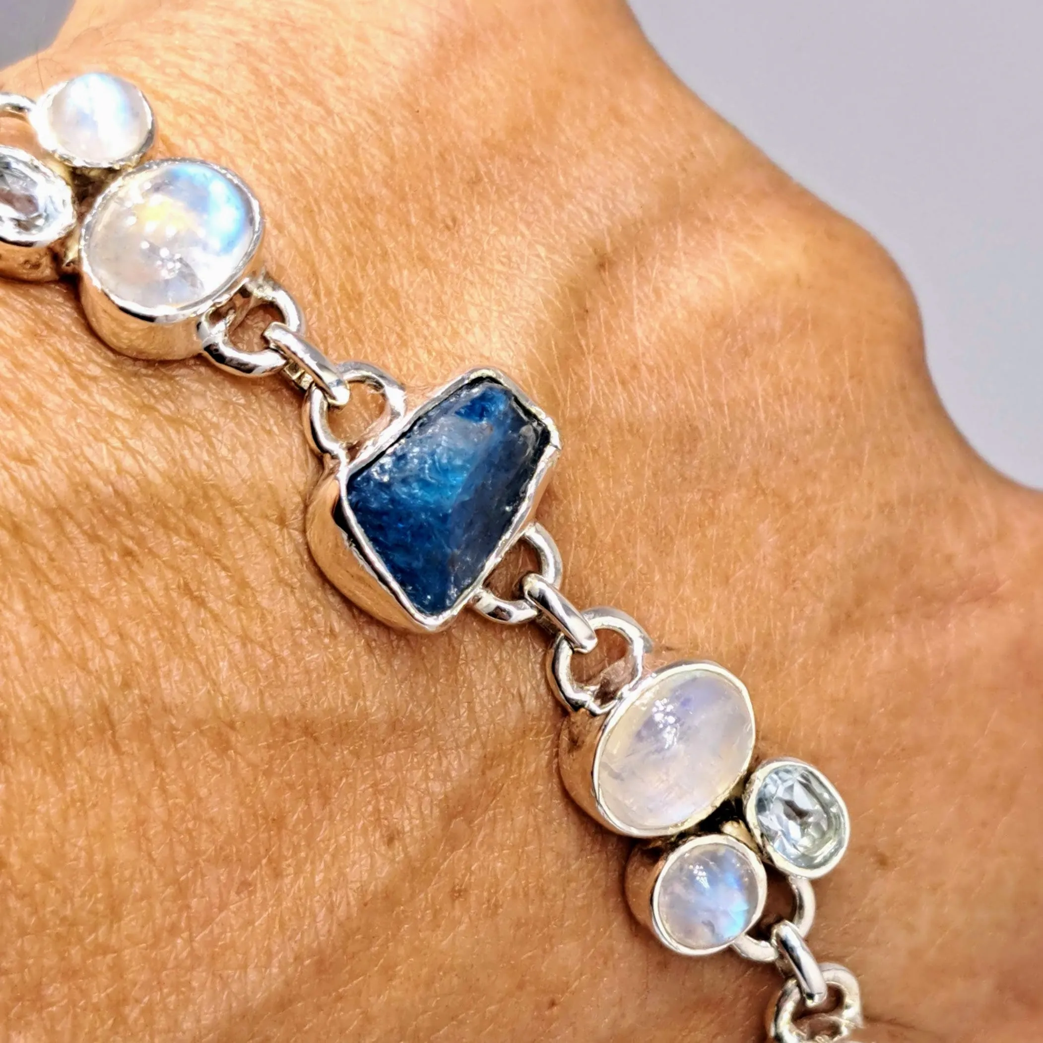 "Blue Moon Dance" 7" - 8" Bracelet - Apatite, Moonstone, Topaz, Sterling