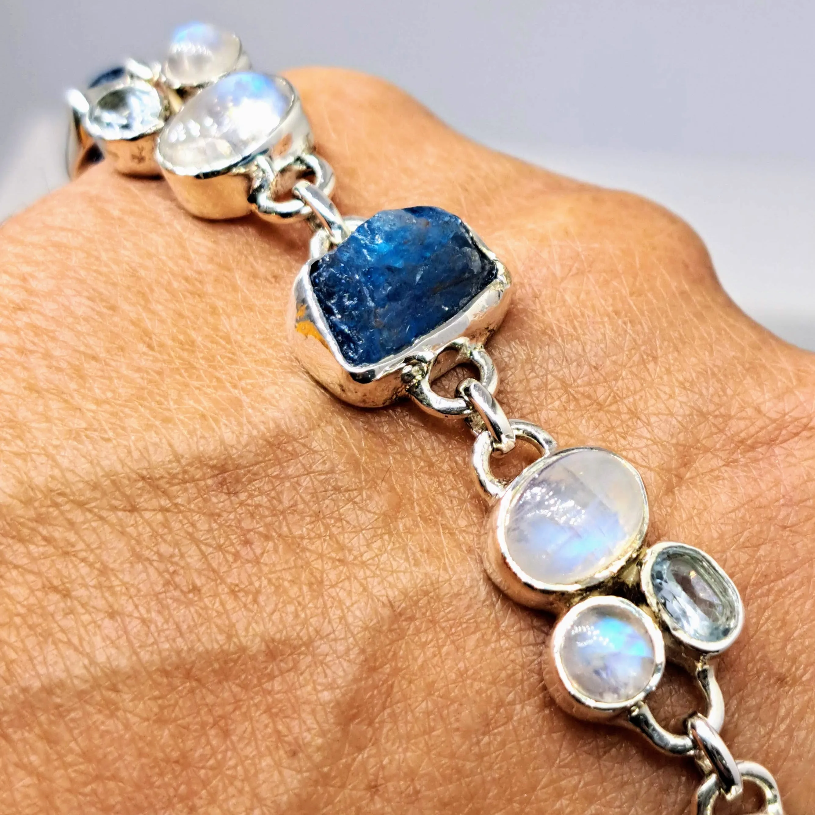 "Blue Moon Dance" 7" - 8" Bracelet - Apatite, Moonstone, Topaz, Sterling