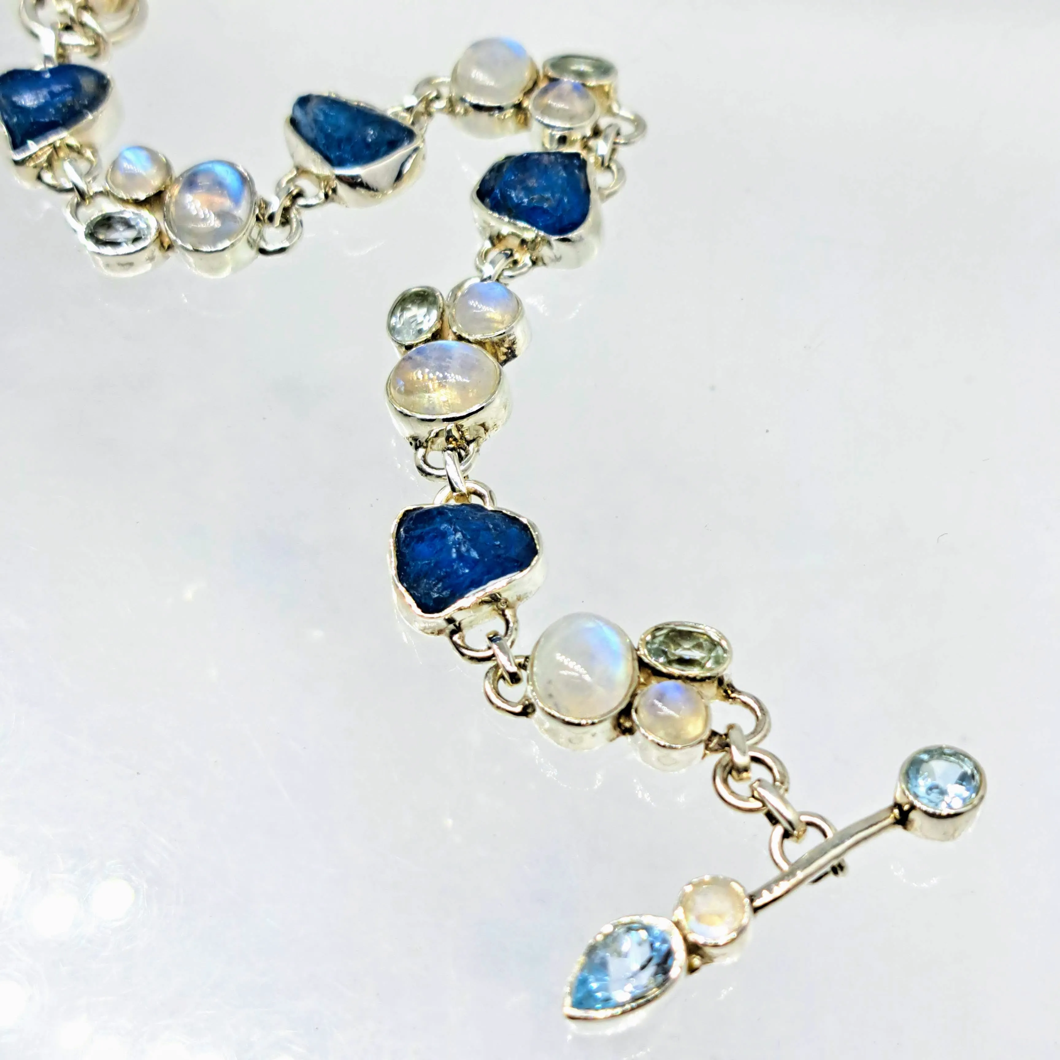 "Blue Moon Dance" 7" - 8" Bracelet - Apatite, Moonstone, Topaz, Sterling