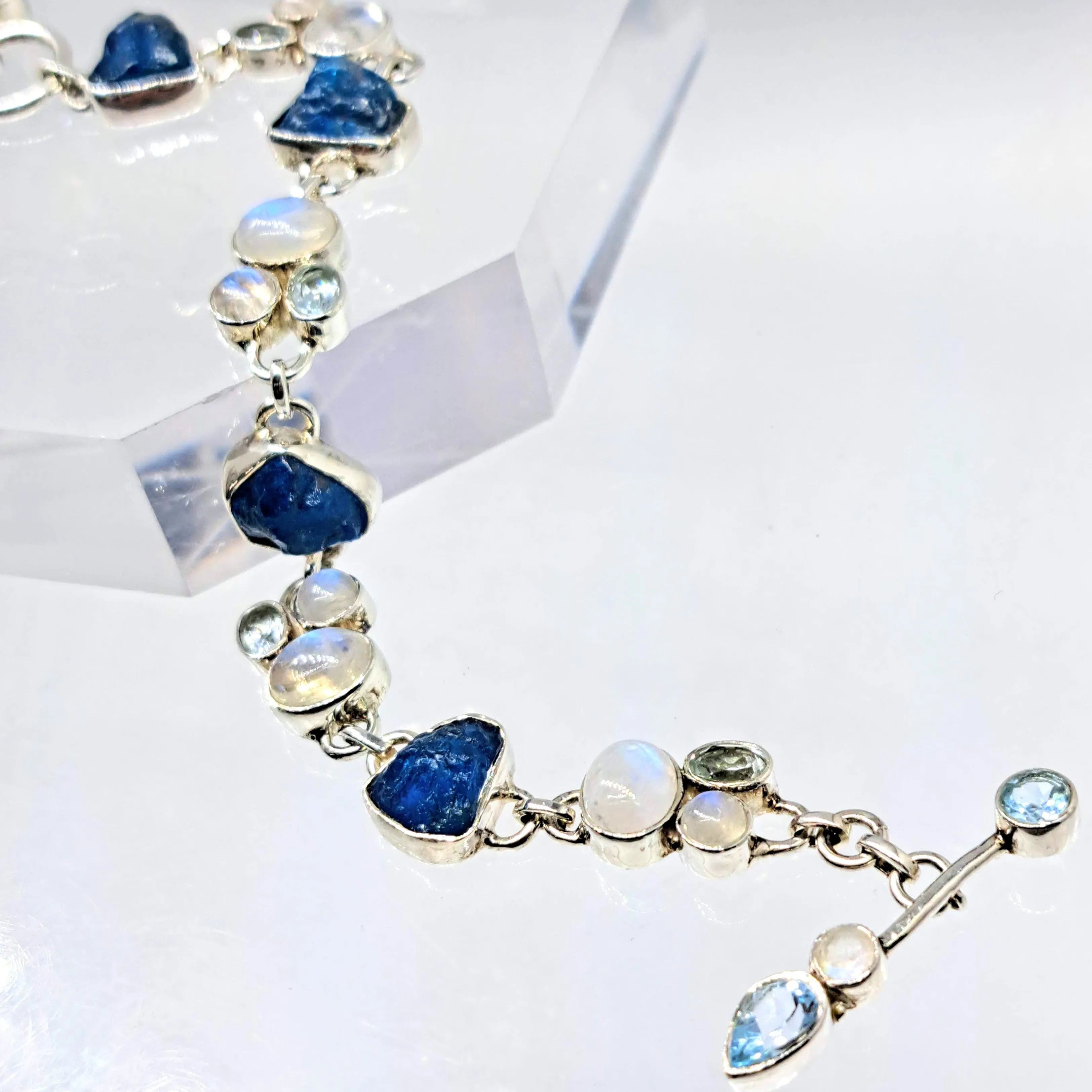 "Blue Moon Dance" 7" - 8" Bracelet - Apatite, Moonstone, Topaz, Sterling