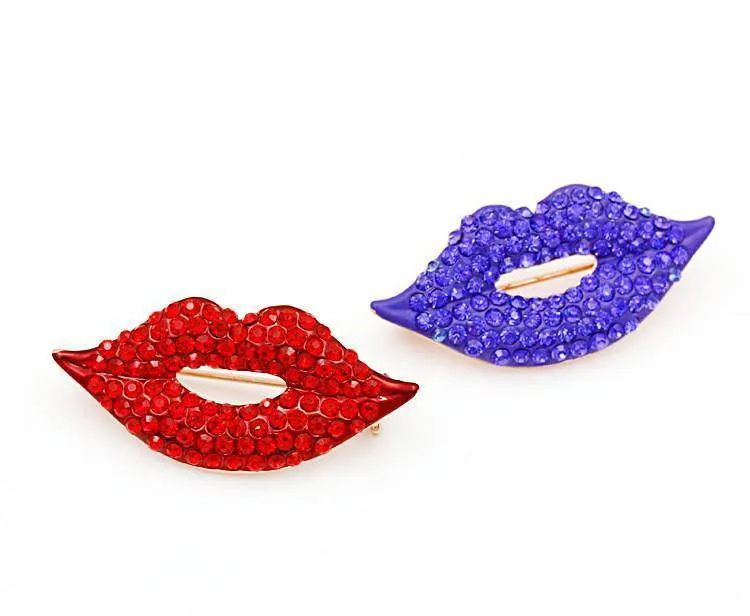 Red & Blue Crystal  Lips  Brooch