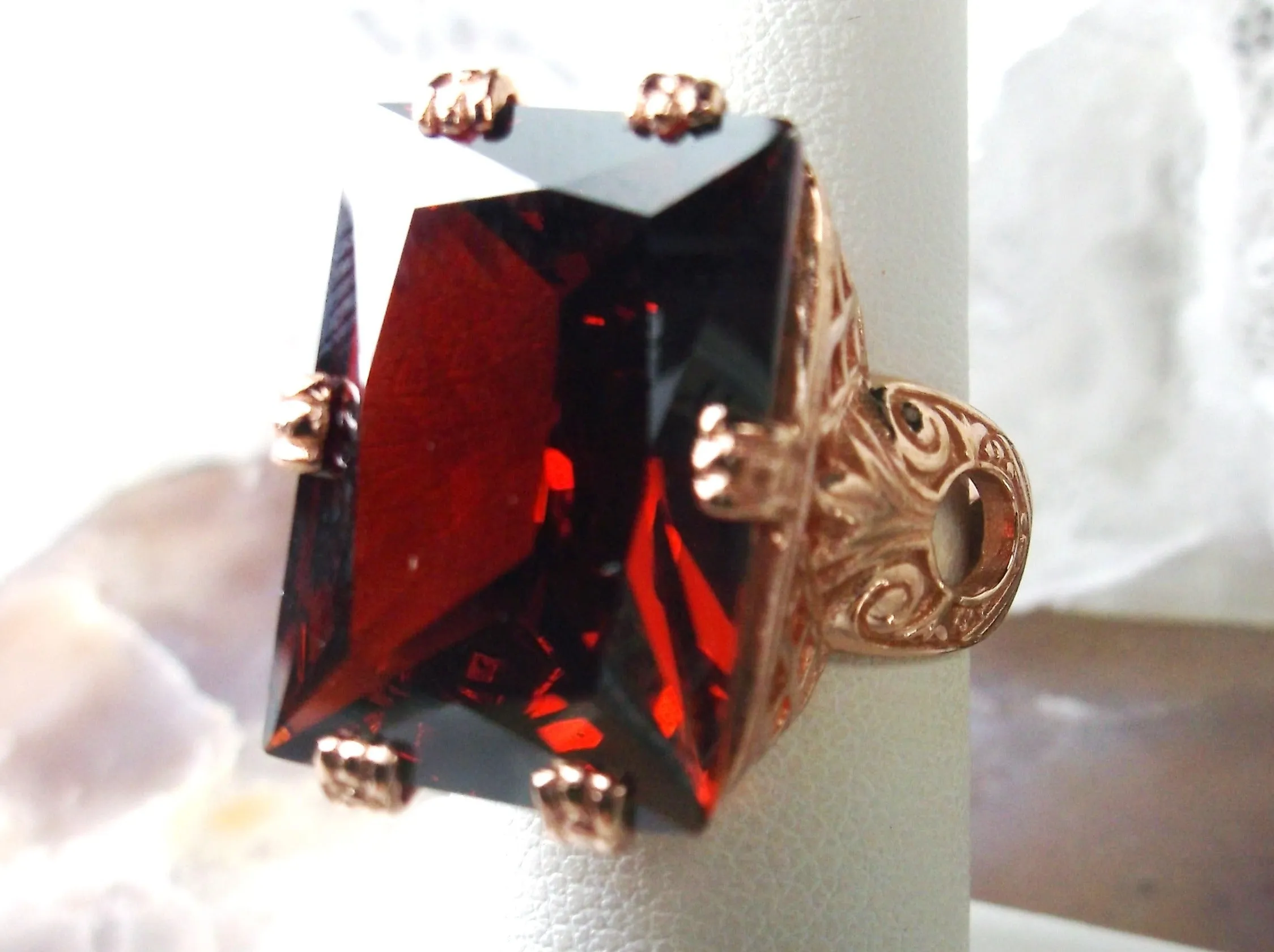 Red Garnet CZ Ring, 6 Prong Rose Gold plated Ring, 30ct Gem, Vintage Jewelry #D104