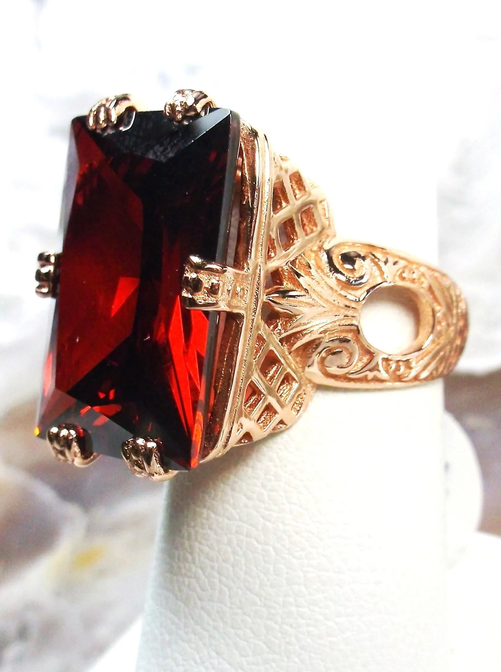 Red Garnet CZ Ring, 6 Prong Rose Gold plated Ring, 30ct Gem, Vintage Jewelry #D104