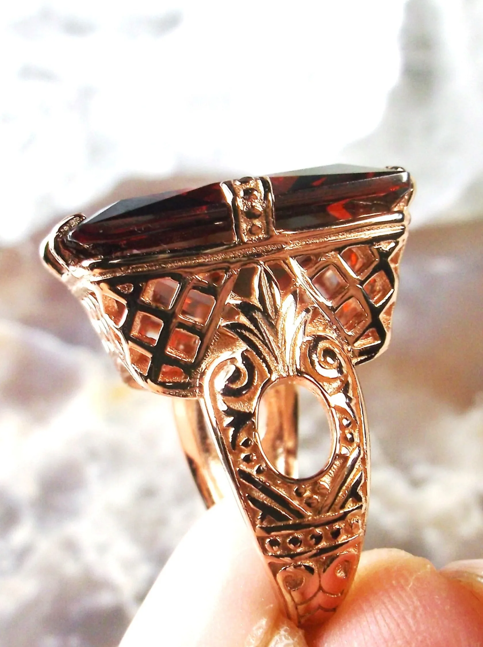 Red Garnet CZ Ring, 6 Prong Rose Gold plated Ring, 30ct Gem, Vintage Jewelry #D104