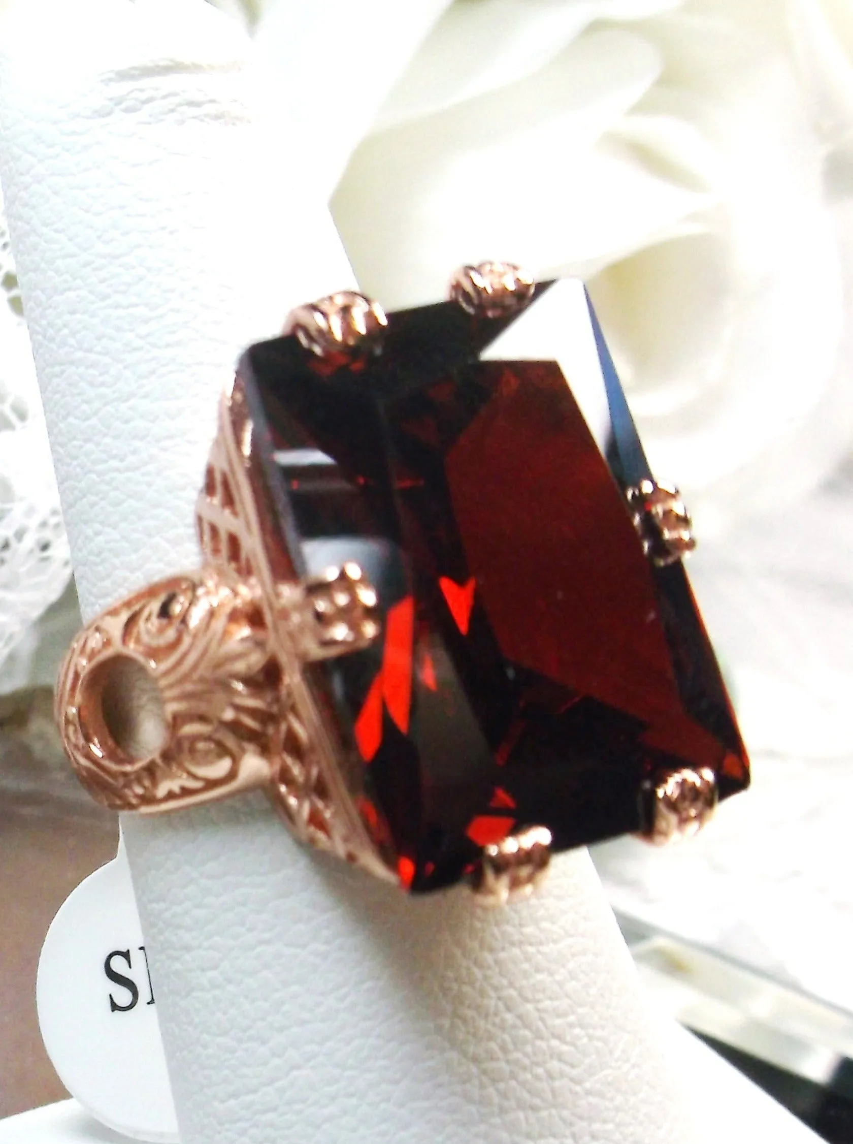 Red Garnet CZ Ring, 6 Prong Rose Gold plated Ring, 30ct Gem, Vintage Jewelry #D104