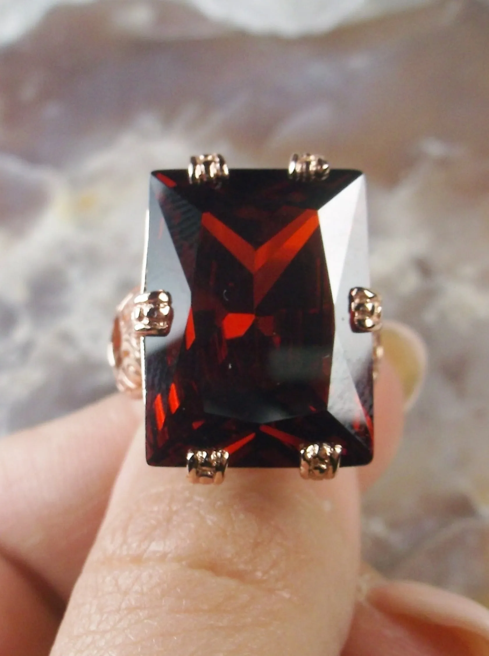 Red Garnet CZ Ring, 6 Prong Rose Gold plated Ring, 30ct Gem, Vintage Jewelry #D104