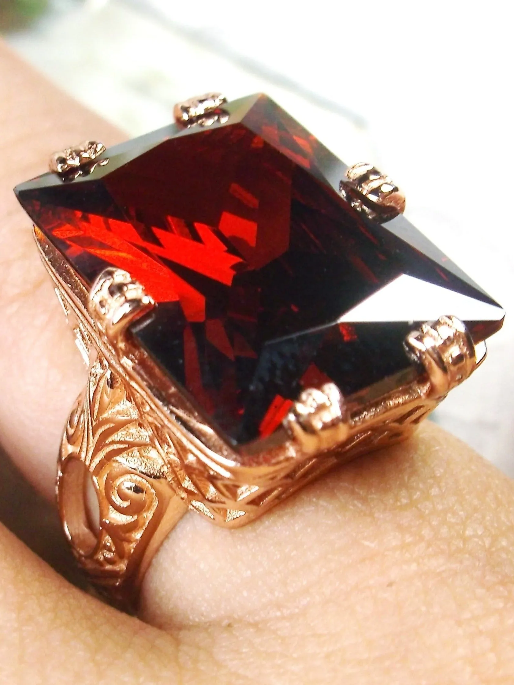 Red Garnet CZ Ring, 6 Prong Rose Gold plated Ring, 30ct Gem, Vintage Jewelry #D104