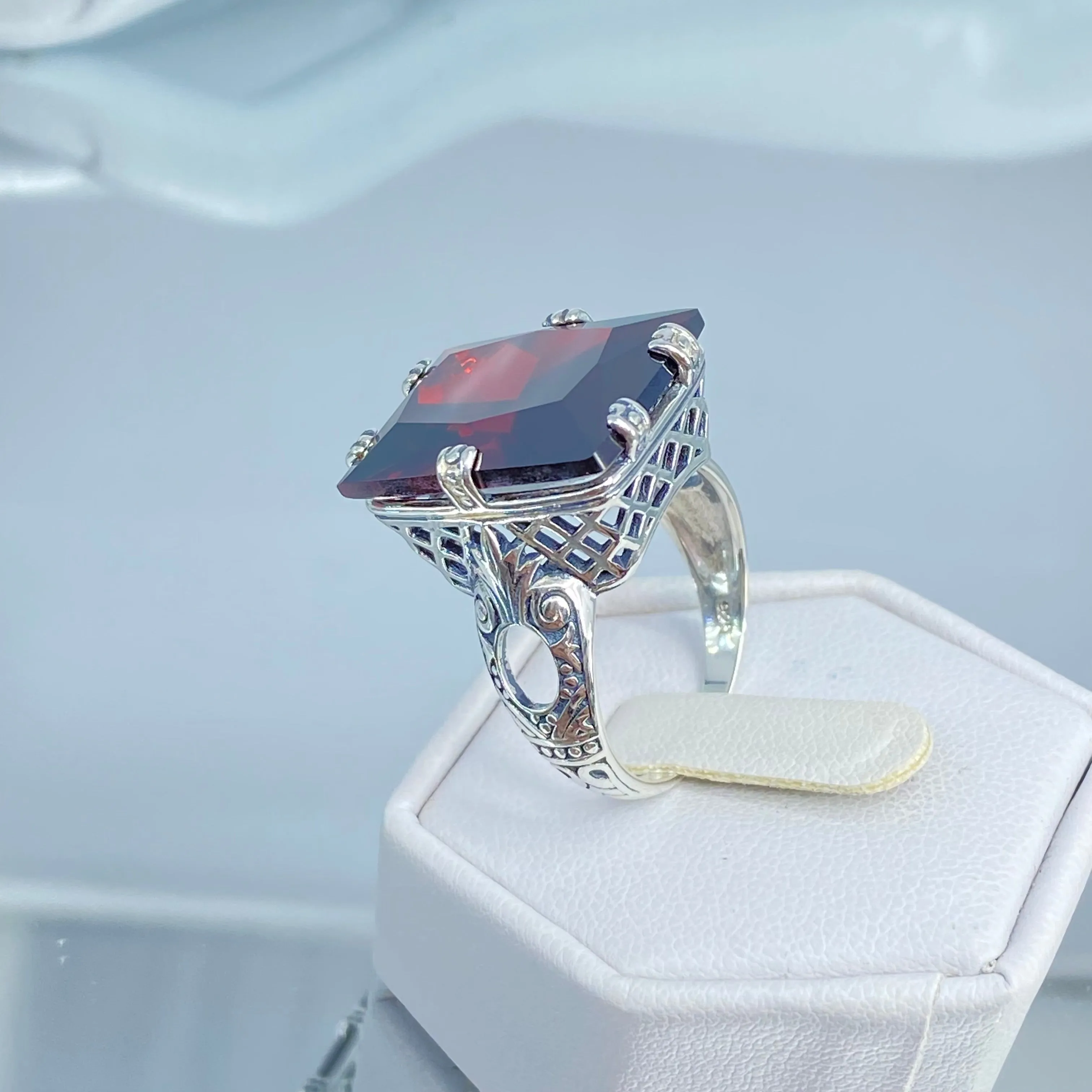 Red Garnet CZ Ring, Size 9, Six Prong Ring, 30ct Art Deco Ring, Vintage Jewelry #D104 - Ready to Ship