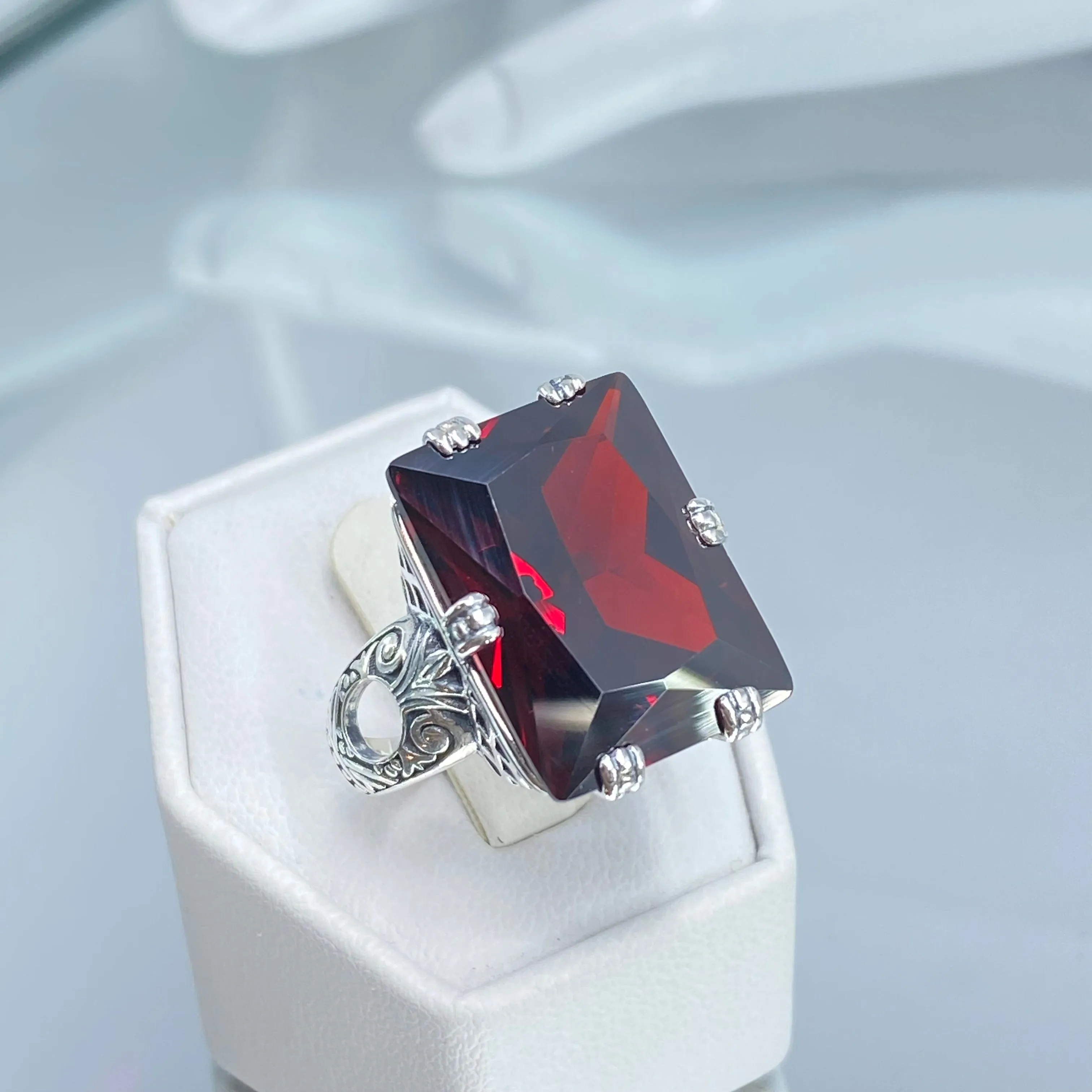 Red Garnet CZ Ring, Size 9, Six Prong Ring, 30ct Art Deco Ring, Vintage Jewelry #D104 - Ready to Ship