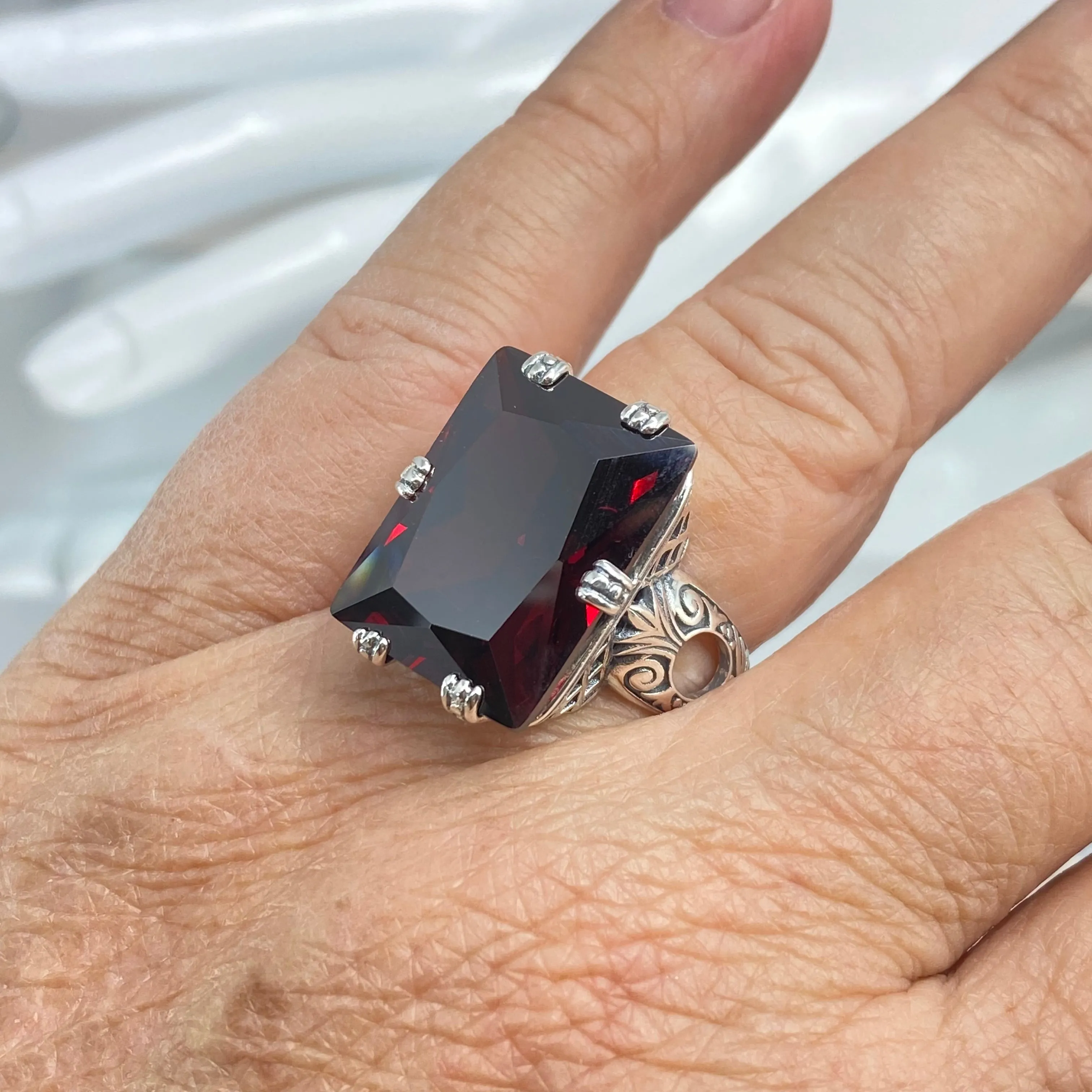Red Garnet CZ Ring, Size 9, Six Prong Ring, 30ct Art Deco Ring, Vintage Jewelry #D104 - Ready to Ship