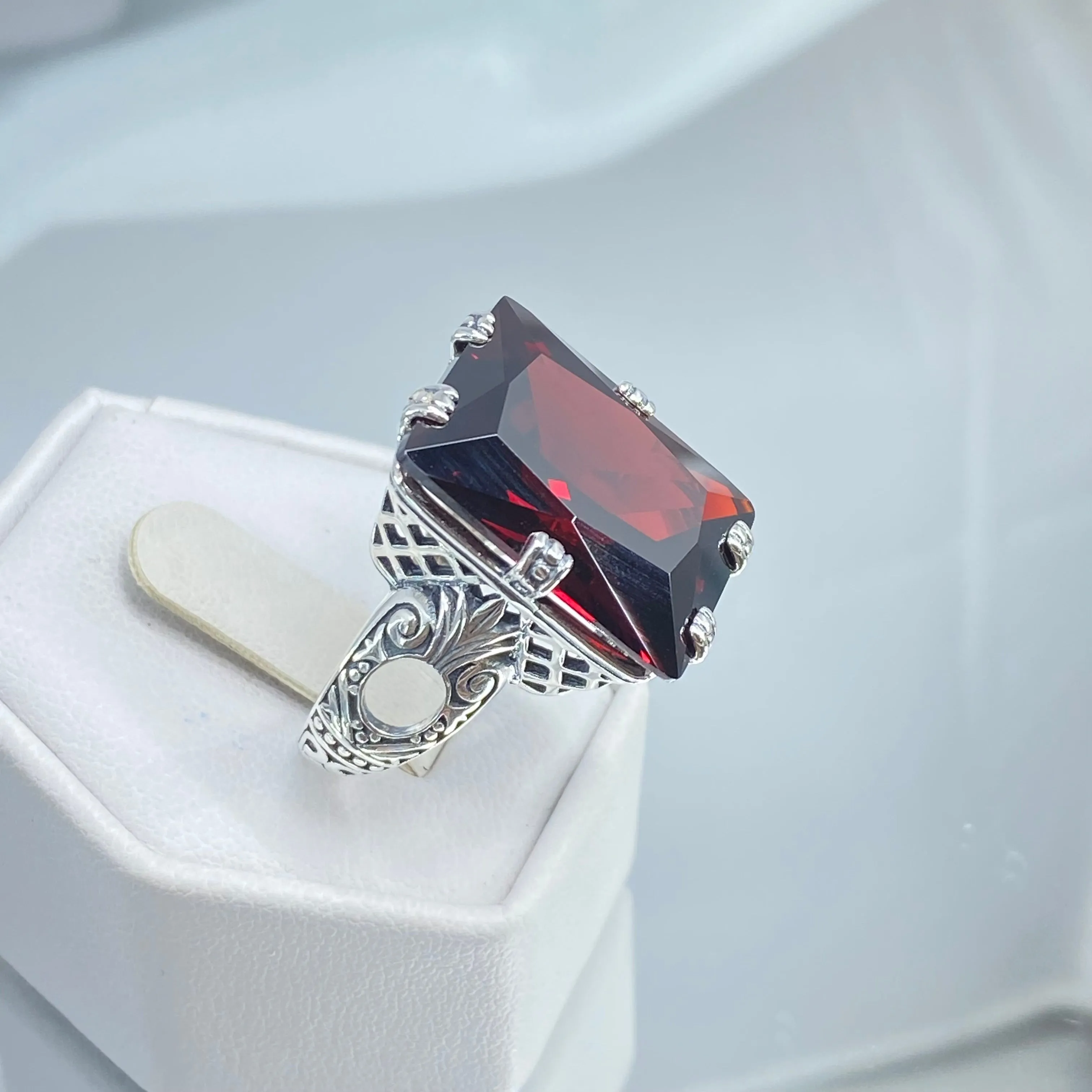Red Garnet CZ Ring, Size 9, Six Prong Ring, 30ct Art Deco Ring, Vintage Jewelry #D104 - Ready to Ship