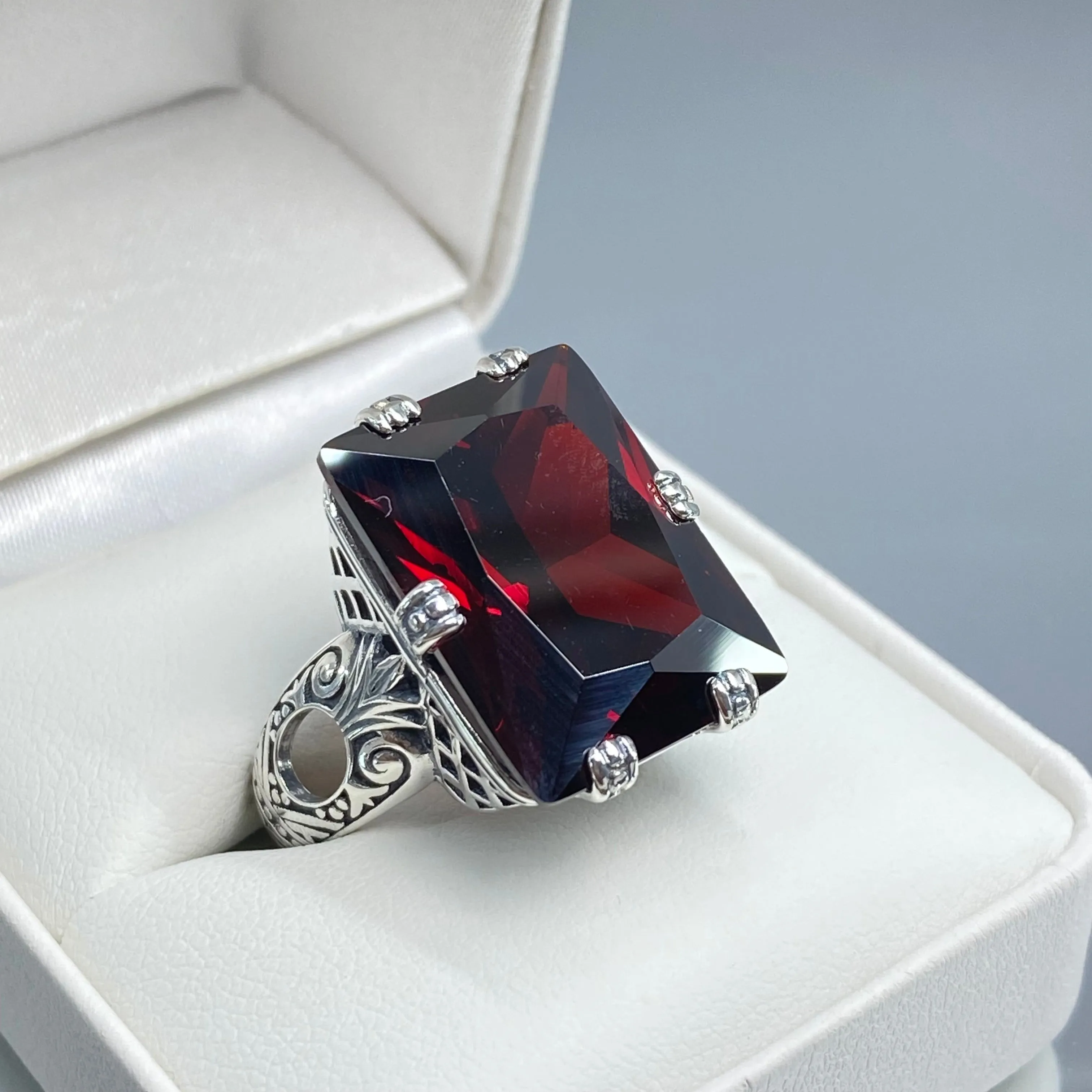 Red Garnet CZ Ring, Size 9, Six Prong Ring, 30ct Art Deco Ring, Vintage Jewelry #D104 - Ready to Ship