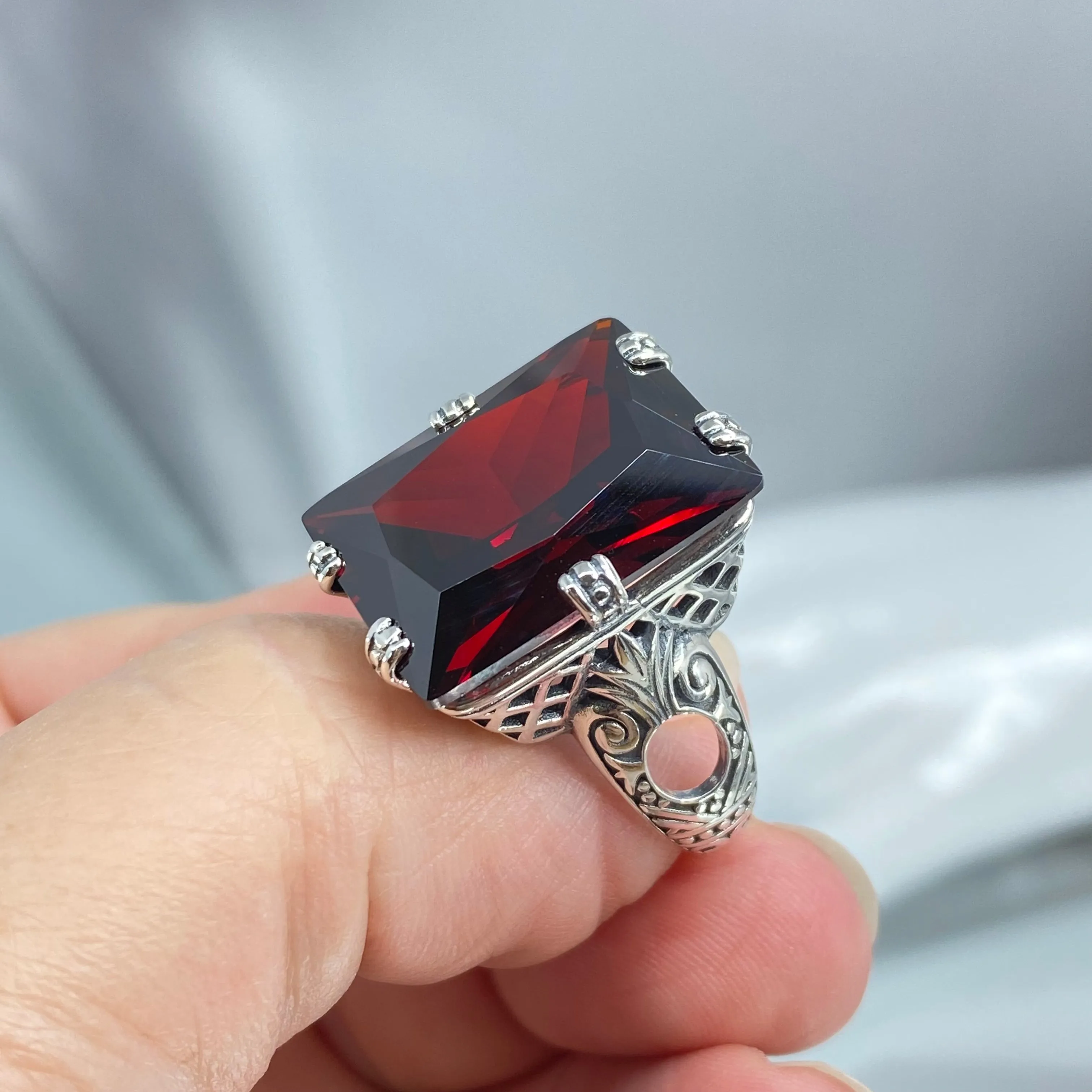 Red Garnet CZ Ring, Size 9, Six Prong Ring, 30ct Art Deco Ring, Vintage Jewelry #D104 - Ready to Ship