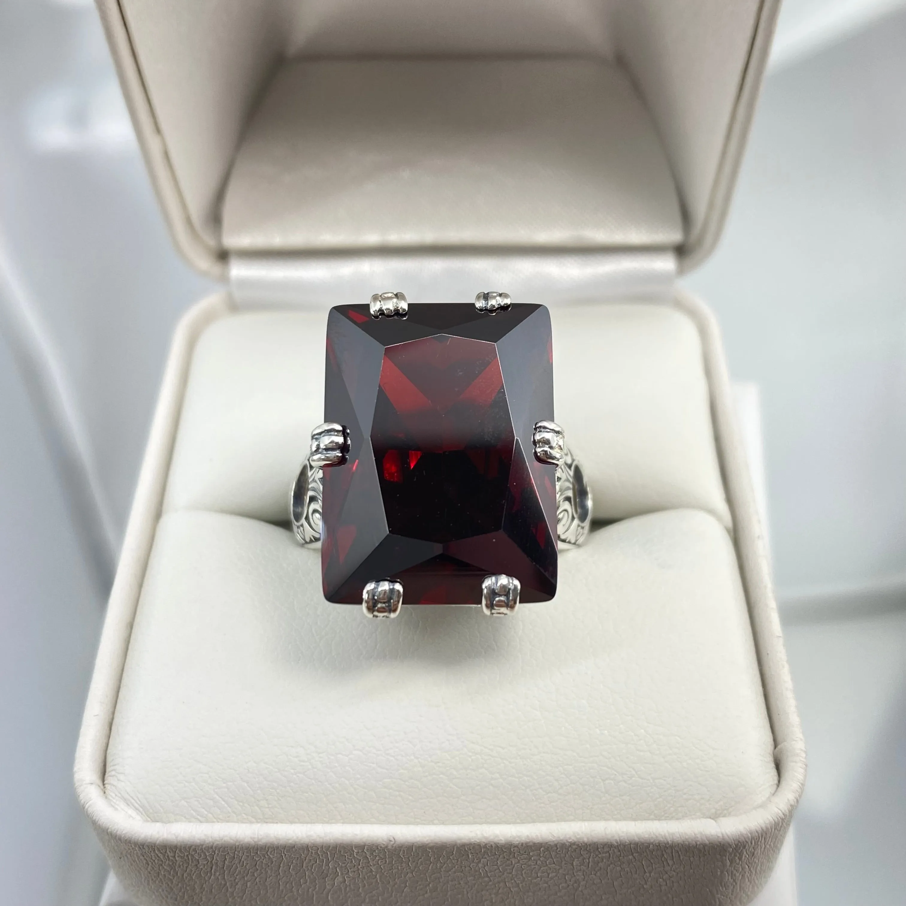 Red Garnet CZ Ring, Size 9, Six Prong Ring, 30ct Art Deco Ring, Vintage Jewelry #D104 - Ready to Ship