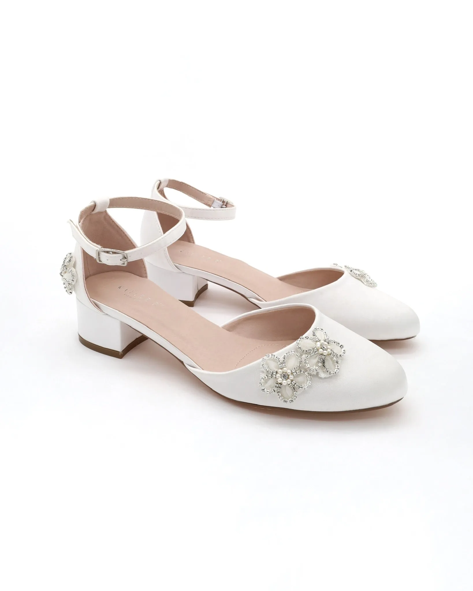 Round Toe Satin Block Heel with Rhinestones Chassia Flower