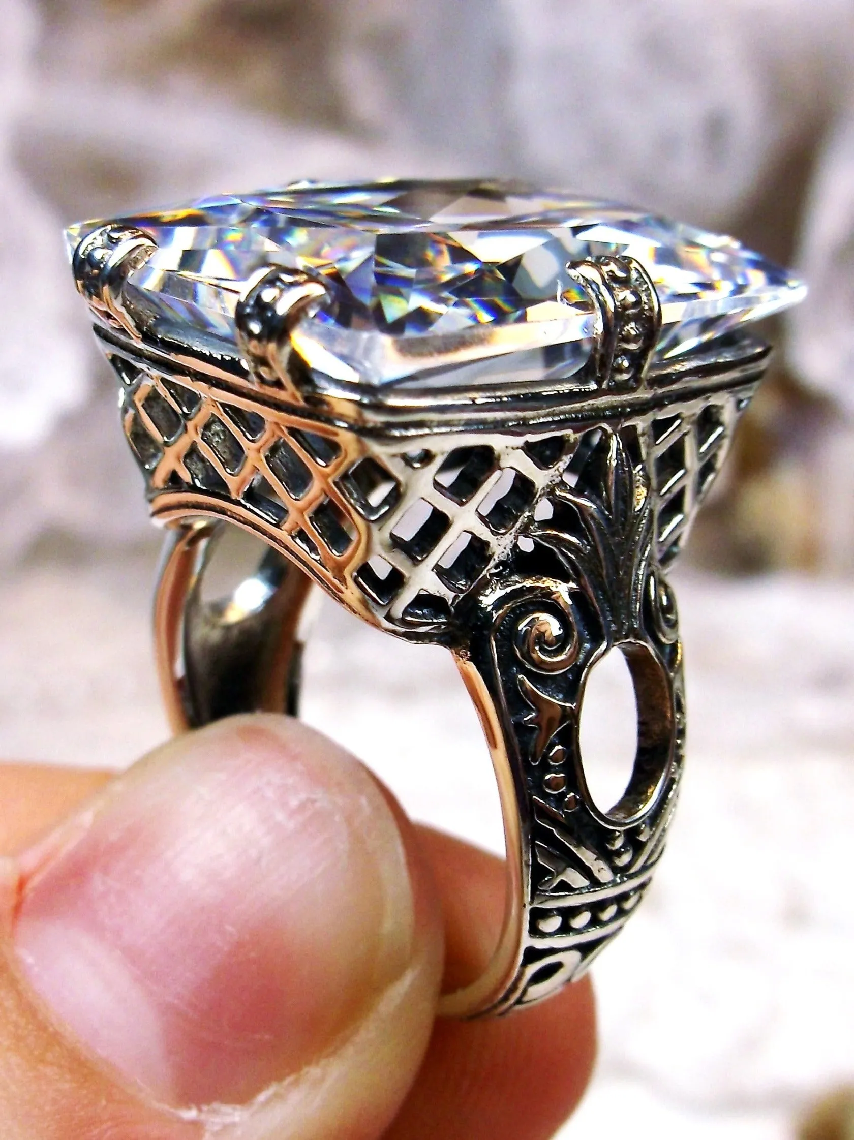 Sparkling CZ Ring, 6 Prong Ring, 30ct Art Deco Ring, Vintage Jewelry #D104
