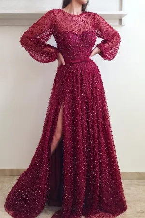 Sparkly A-line Long Sleeve Prom Dresses Long Burgundy Lace Beading Slit Tulle Prom Dress OHC256