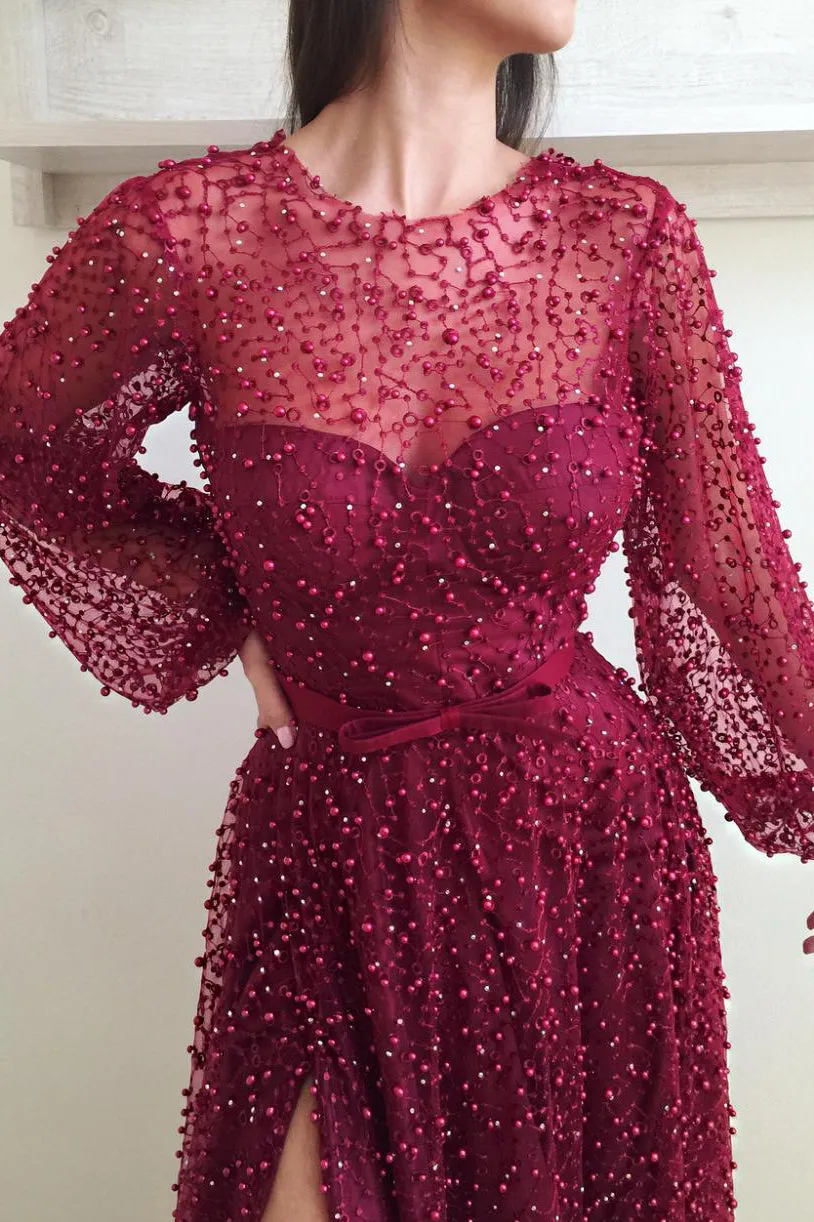 Sparkly A-line Long Sleeve Prom Dresses Long Burgundy Lace Beading Slit Tulle Prom Dress OHC256