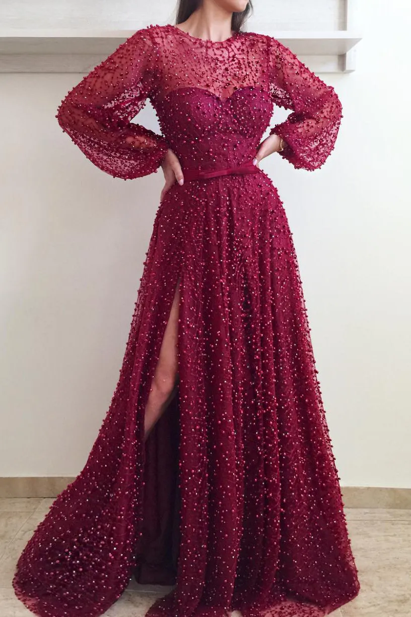 Sparkly A-line Long Sleeve Prom Dresses Long Burgundy Lace Beading Slit Tulle Prom Dress OHC256
