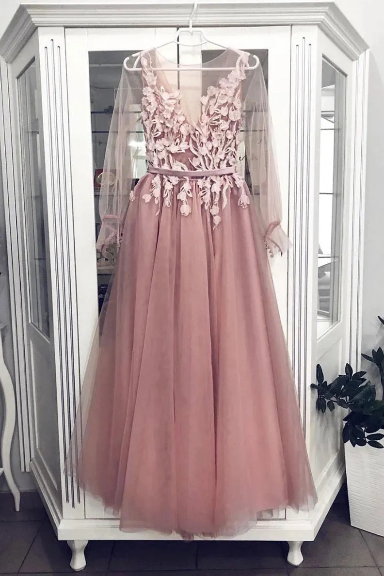 Sparkly A Line Round Neck Long Sleeve Lace Applique Long Pink Tulle Senior Prom Dress OHC350